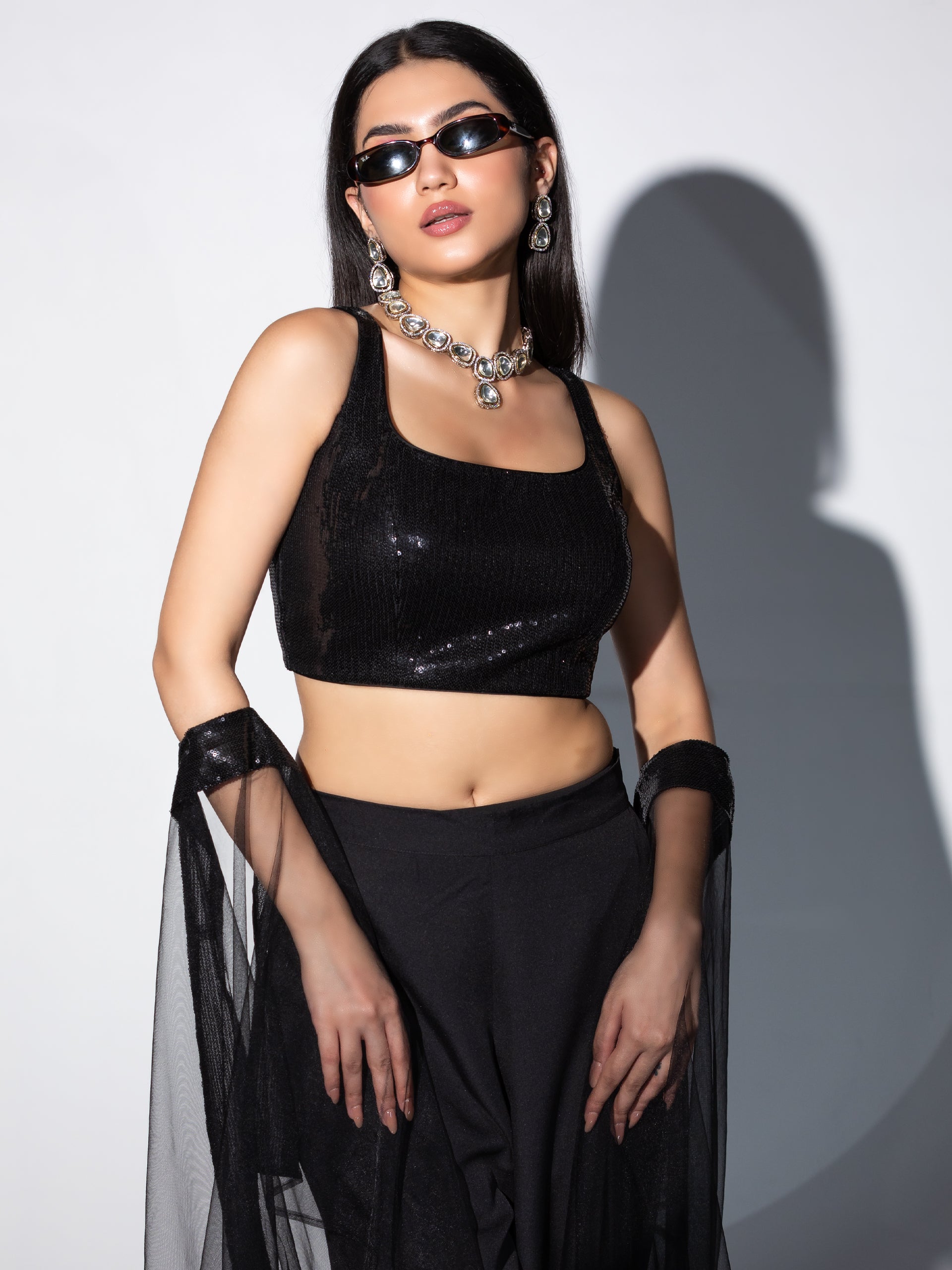 Women's Shawa-Shawa Outfit with Sequin Blouse, Flared Pant, and Net Sequin Dupatta 3 Piece Set | Straight Fit, Round Neck, Sleeveless, Pants, Partywear, (Sequin)