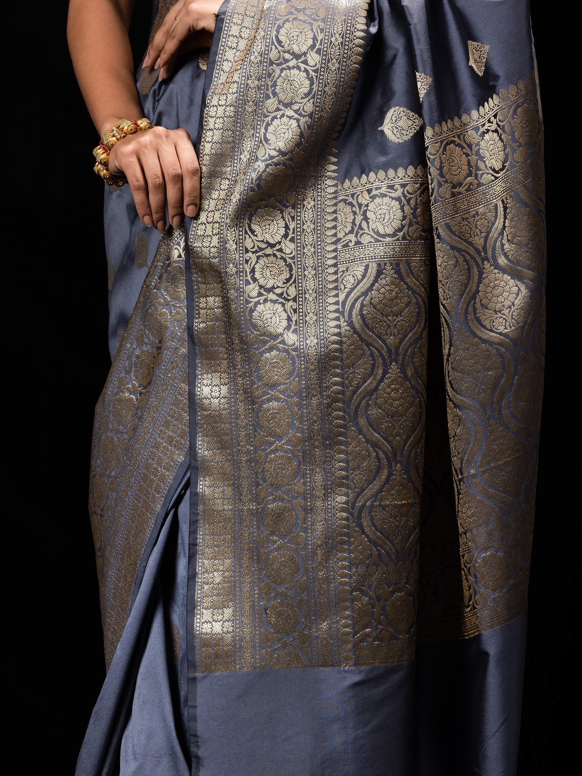 Grey Golden Leaf Muga Silk Saree with Blouse Fabric