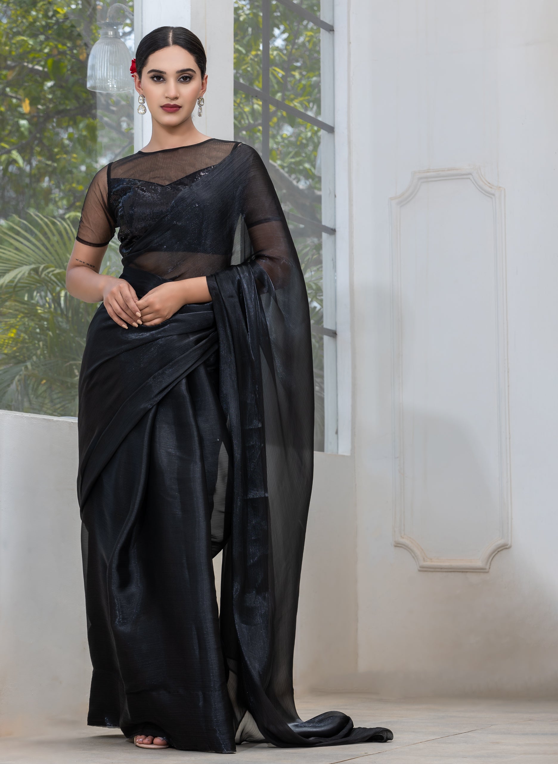 Black Friday Chiffon Organza Saree with Mirror Pendants and Blouse Fabric