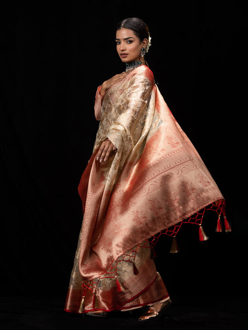 Red and Beige Organza Saree with blouse fabric