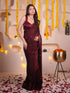 Deep Maroon Metallic Satin Saree With Bronze Sequins And Blouse Fabric