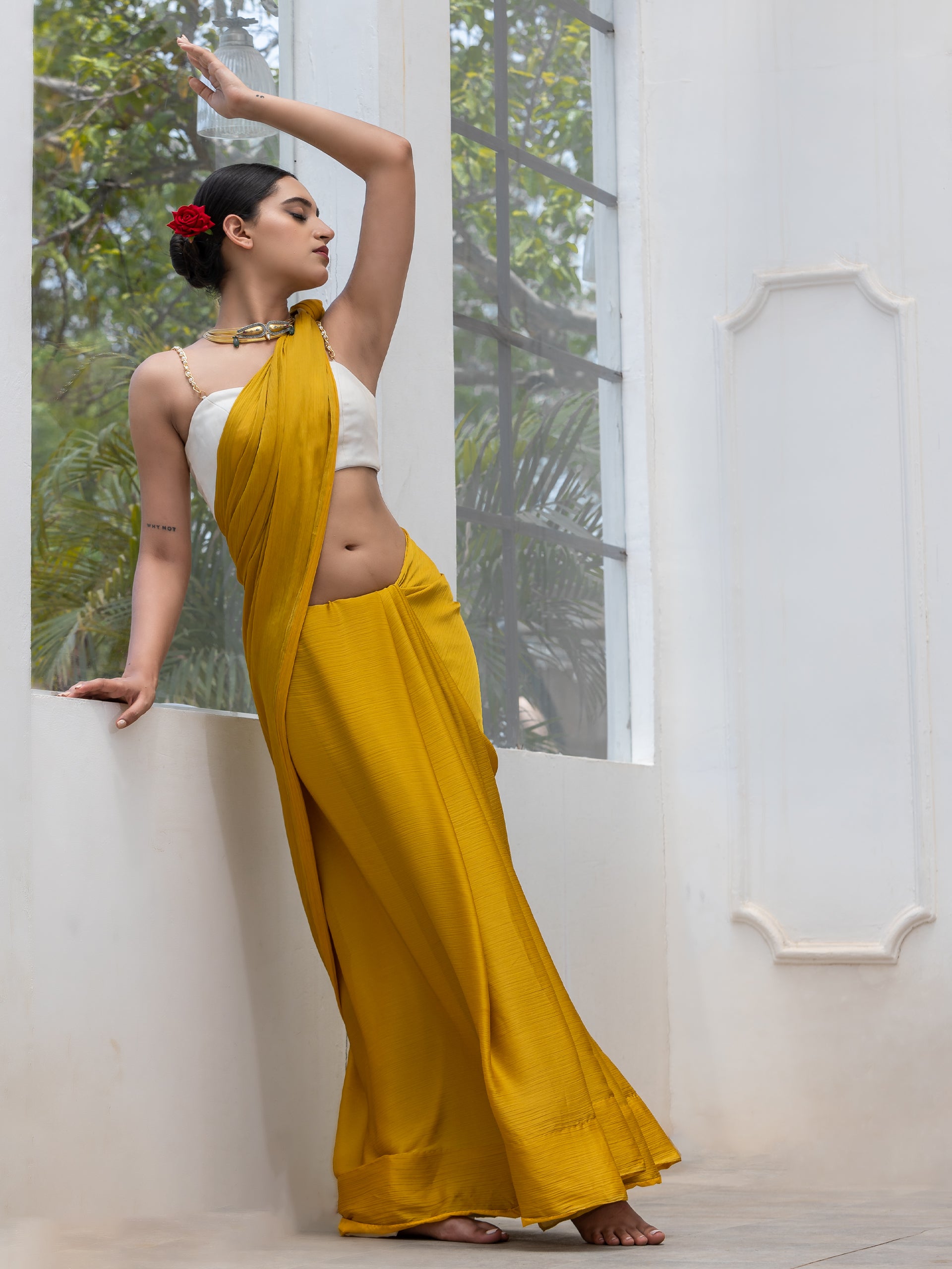 Canary mustard pure chiffon dual shade saree with blouse fabric — view 3