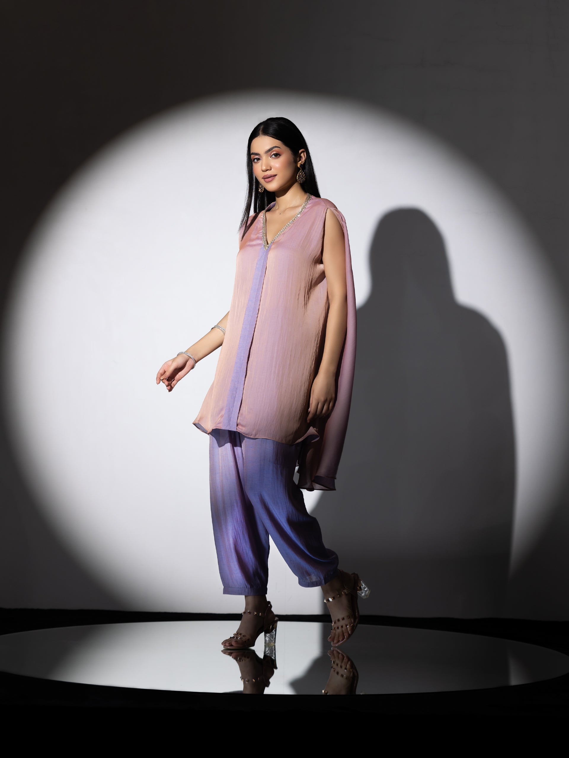 Women's Peach & Lavender Slub Satin Flared Top Set with Poncha Pants 2 Piece Set | A-Line, Round Neck, Sleeveless, Pants, Festive Wear, (Slub Satin)