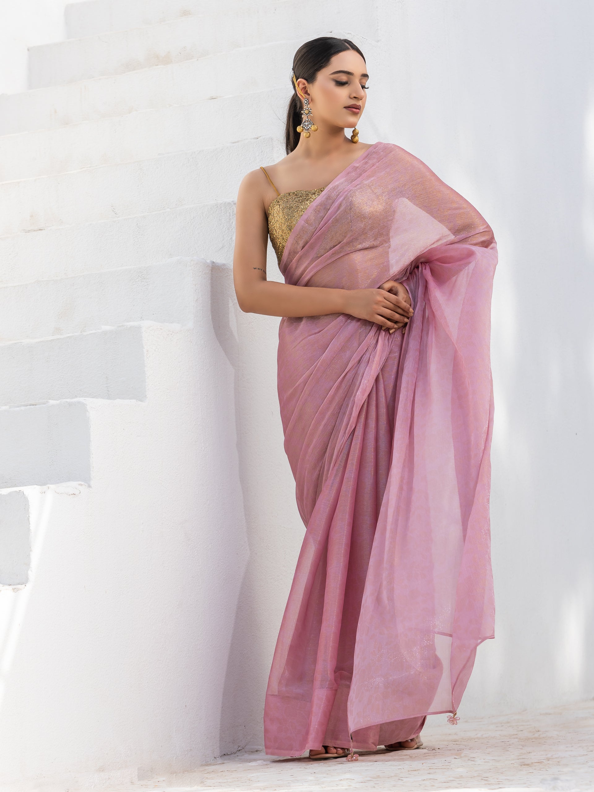 Pink with golden floral printed chiffon saree with pendants — view 2