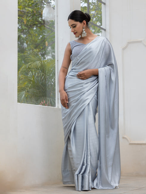 Ice Grey Stripe Satin with Embroidered Blouse Fabric