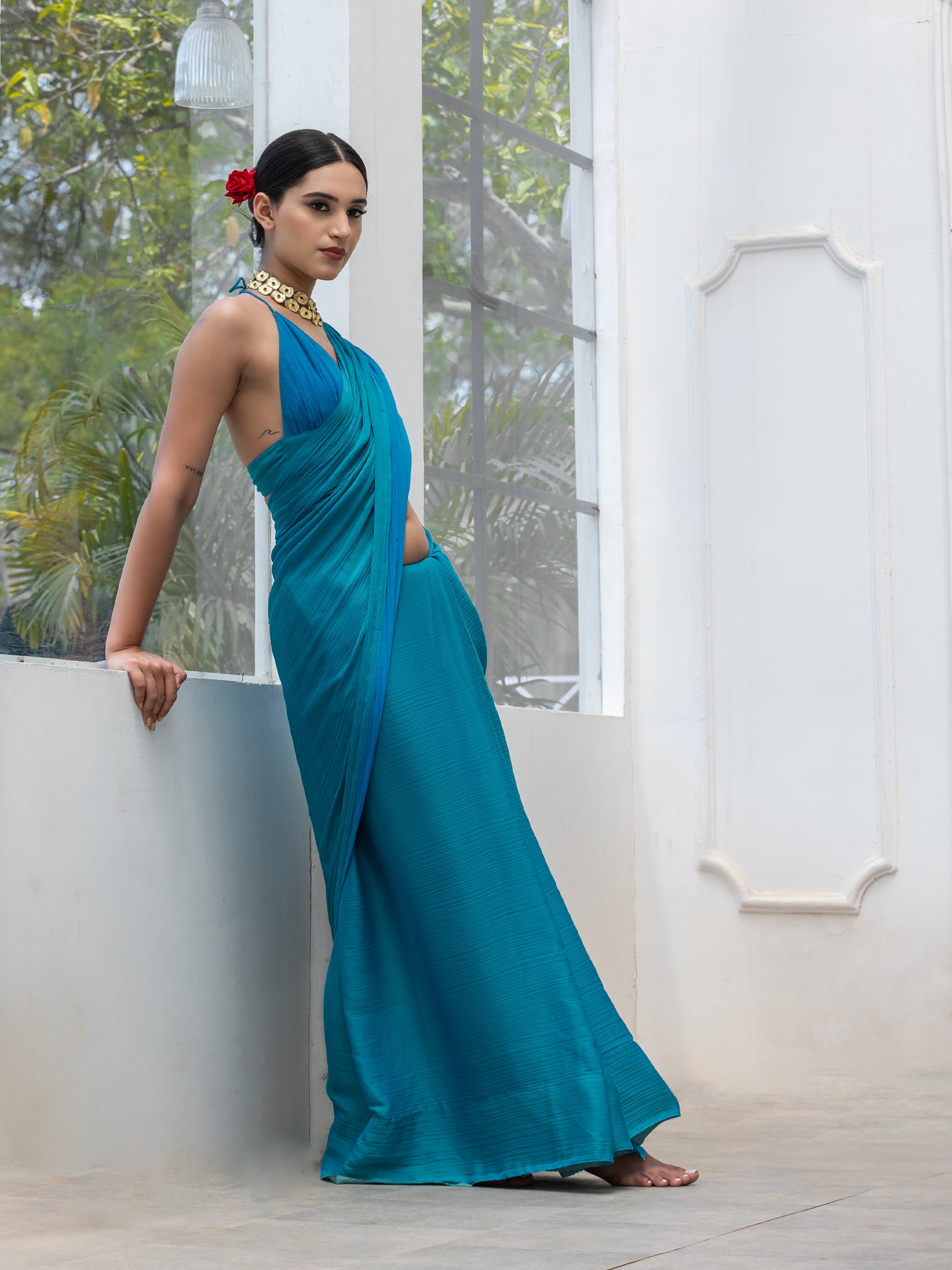 Ocean blue and green dual shade chiffon saree with blouse fabric