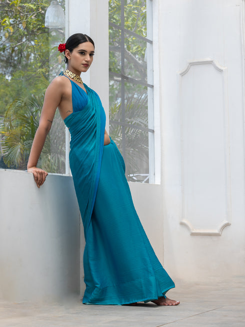 Ocean Blue & Green Dual Shade Chiffon Saree with Blouse Fabric
