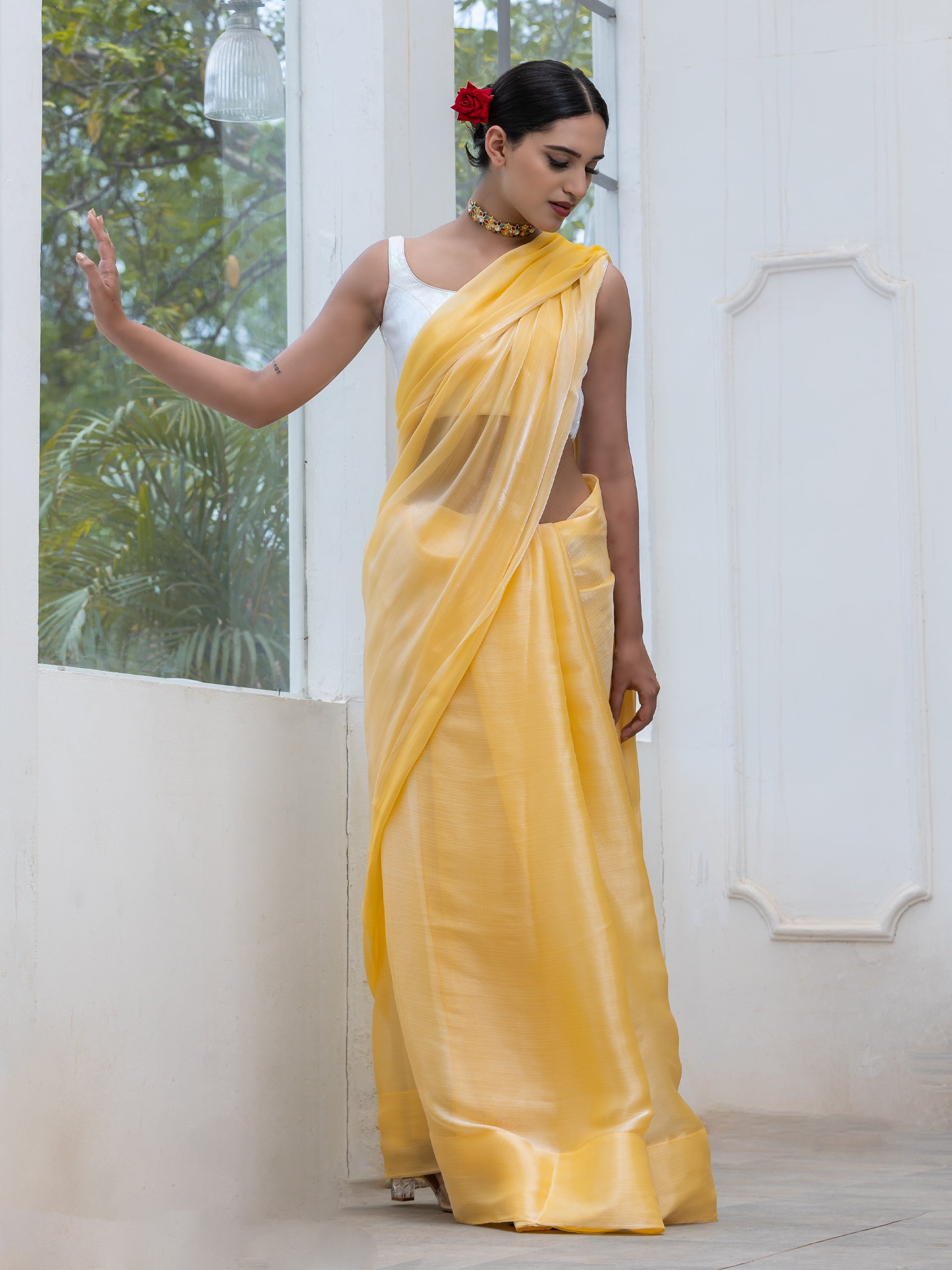 Lemon Fizz Chiffon Organza Saree with Lace and Blouse fabric