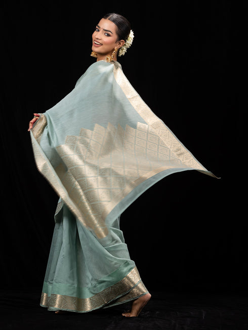 Stunning Aqua Gold Rich Pallu Soft Saree With Blouse Fabric