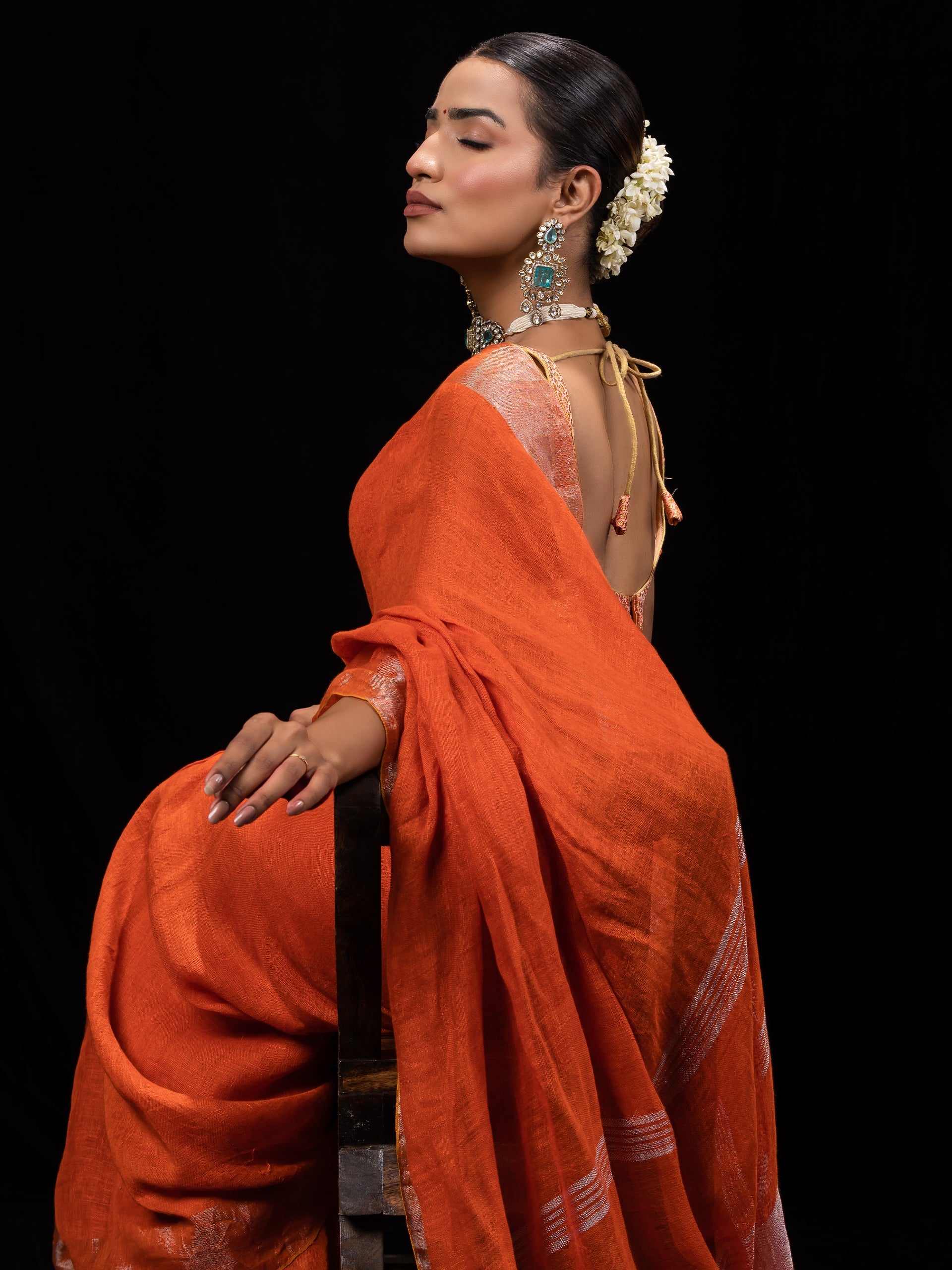 Tangerine Pure Linen saree
