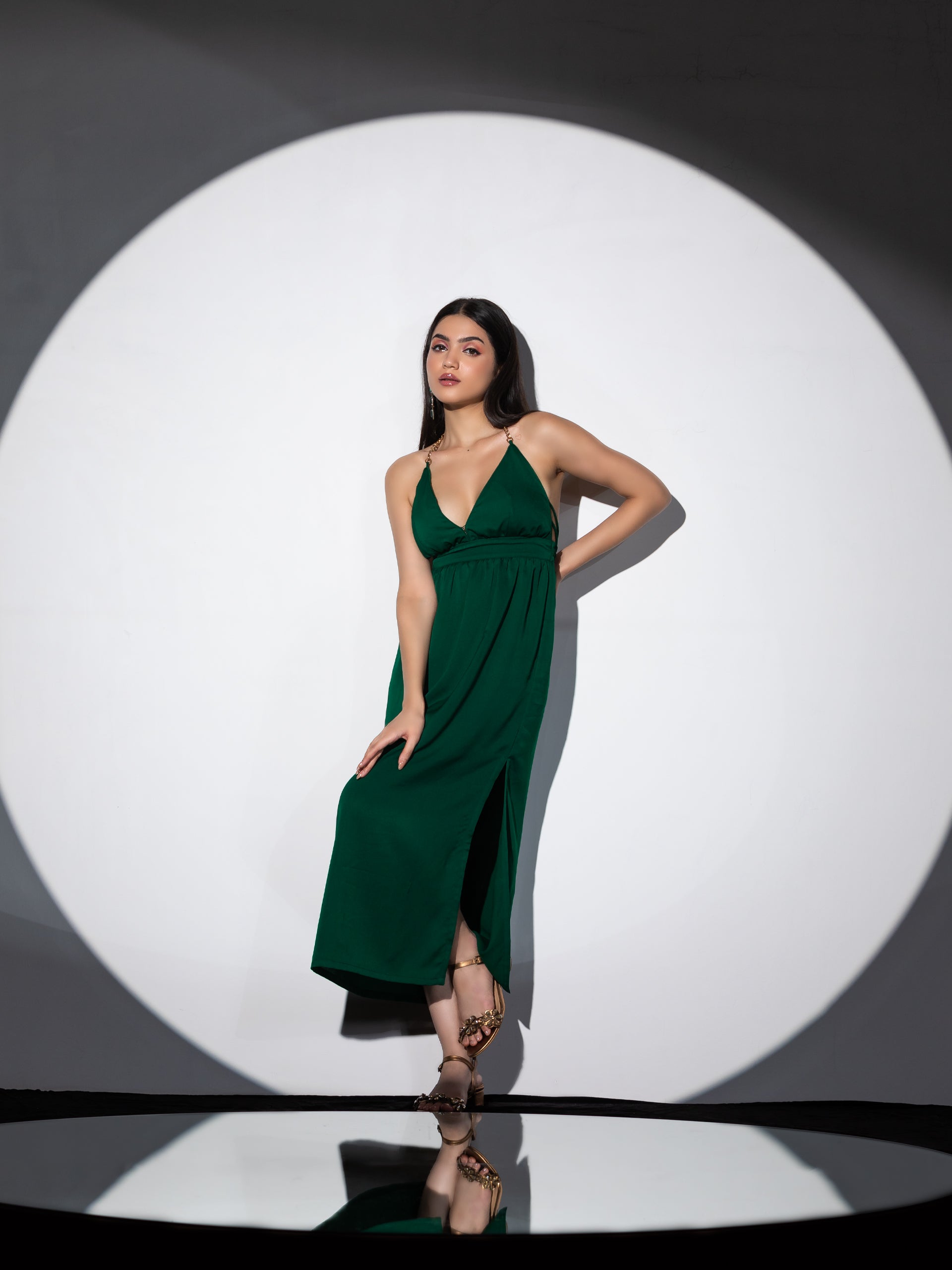Women's Metal Strap Korean Emerald Dress Set with Satin Organza Cape 2 Piece Set | A-Line, V Neck, Sleeveless, Partywear, (Satin Organza)