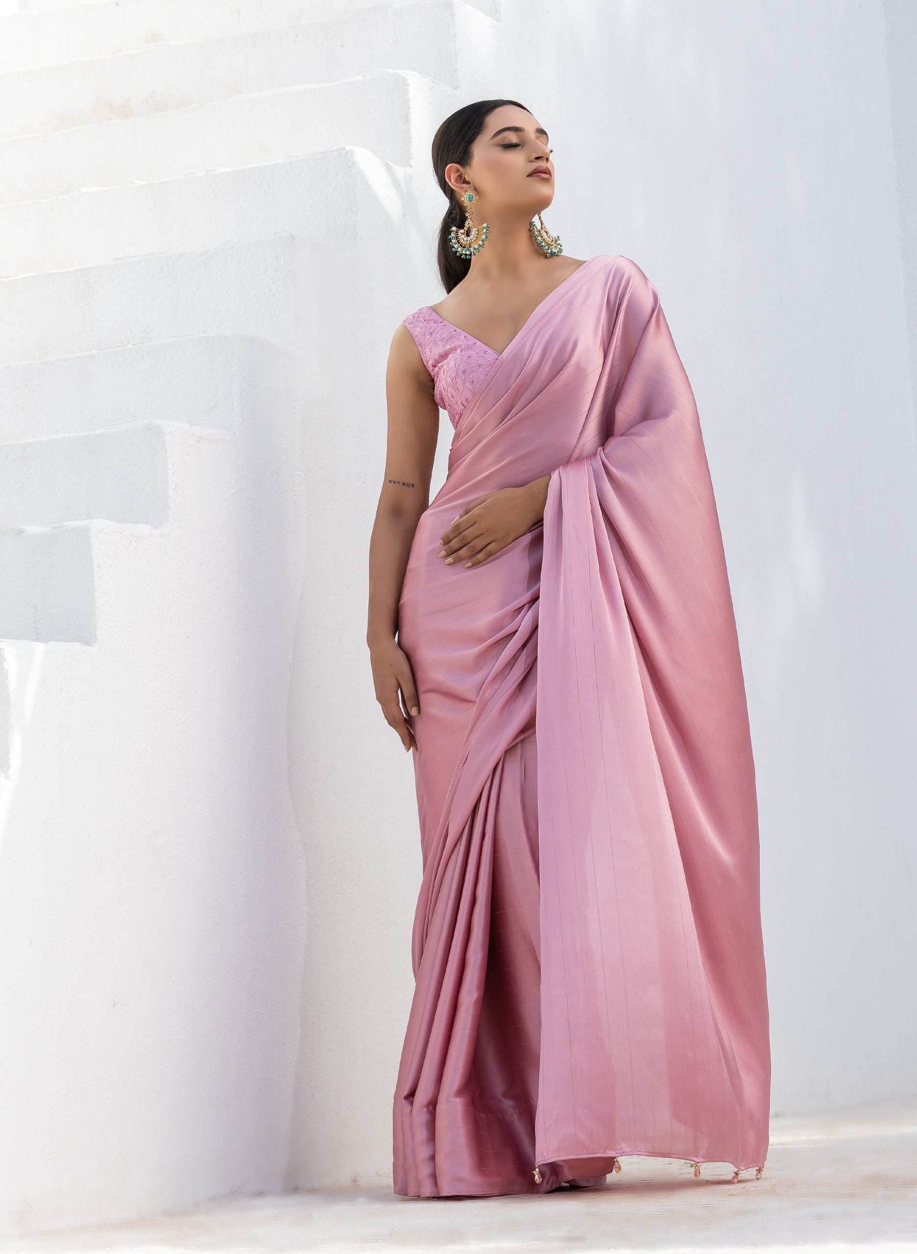 Cherry Blossom Pink Stripe Satin Saree with Embroidery Blouse fabric