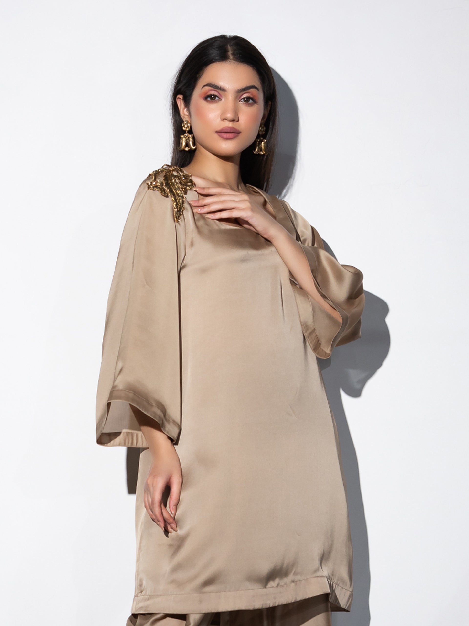 Women's Peanut Satin Short Kurta with Embellished Gold Patch on Shoulder 1 Piece | Straight Fit, U Neck, Full Sleeves, Festive Wear, (Satin)