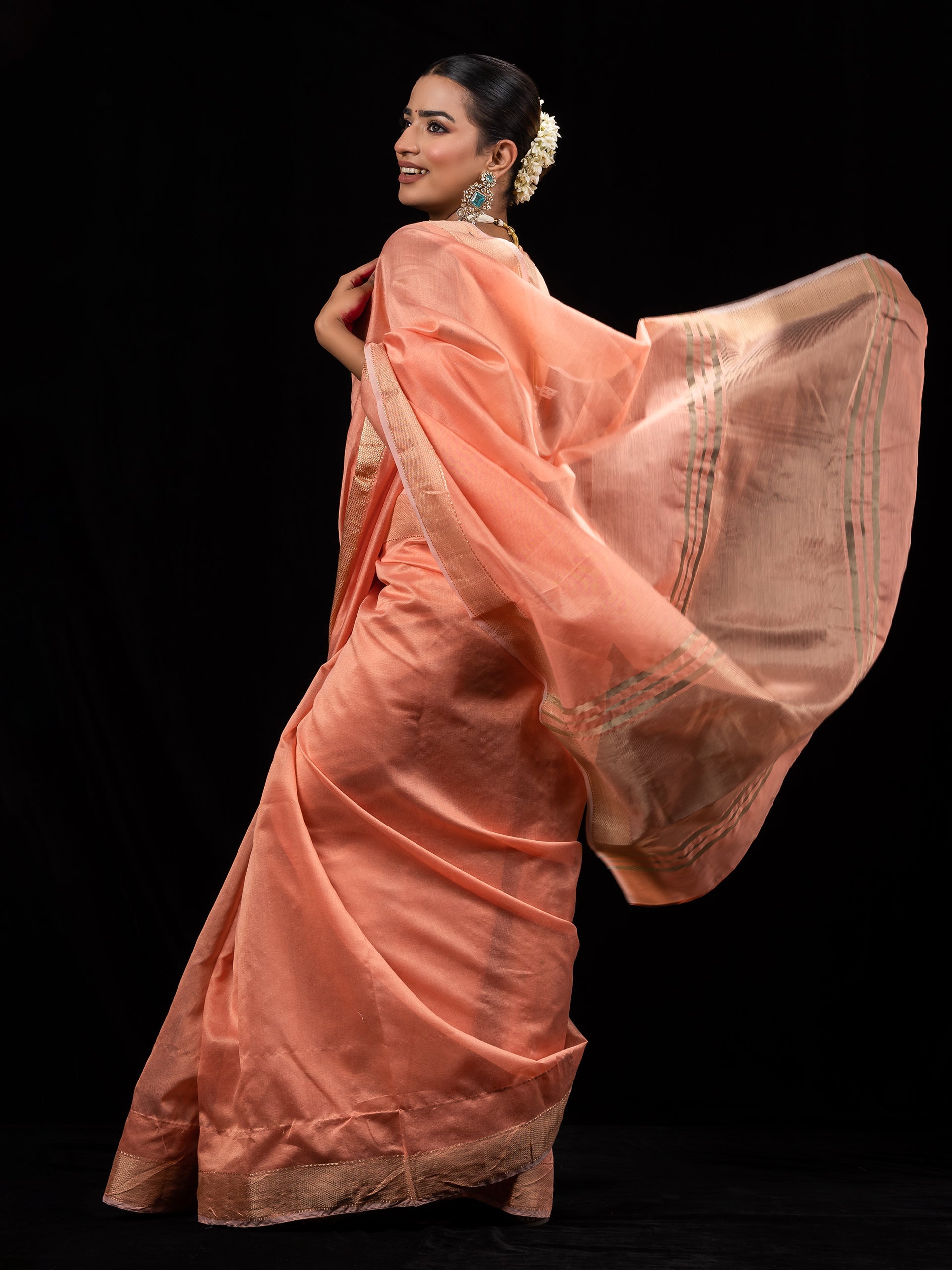 Peach Gold metallic Soft Fabric Saree with Blouse Fabric