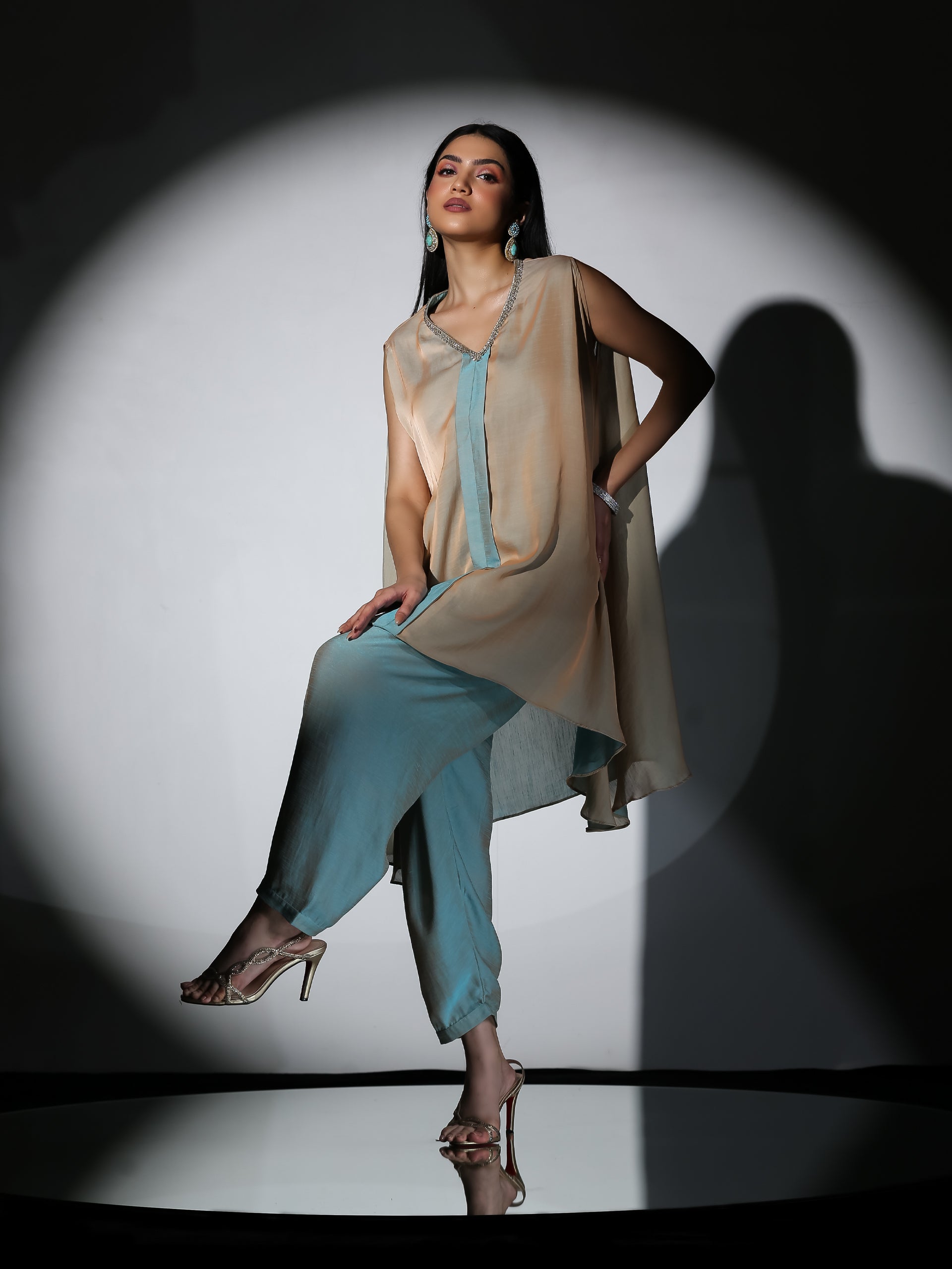 Women's Dual Shade Powder Blue and Cream Slub Satin Flared Top Set with Pants 2 Piece Set | A-Line, V Neck, Sleeveless, Pants, Partywear, (Slub Satin)