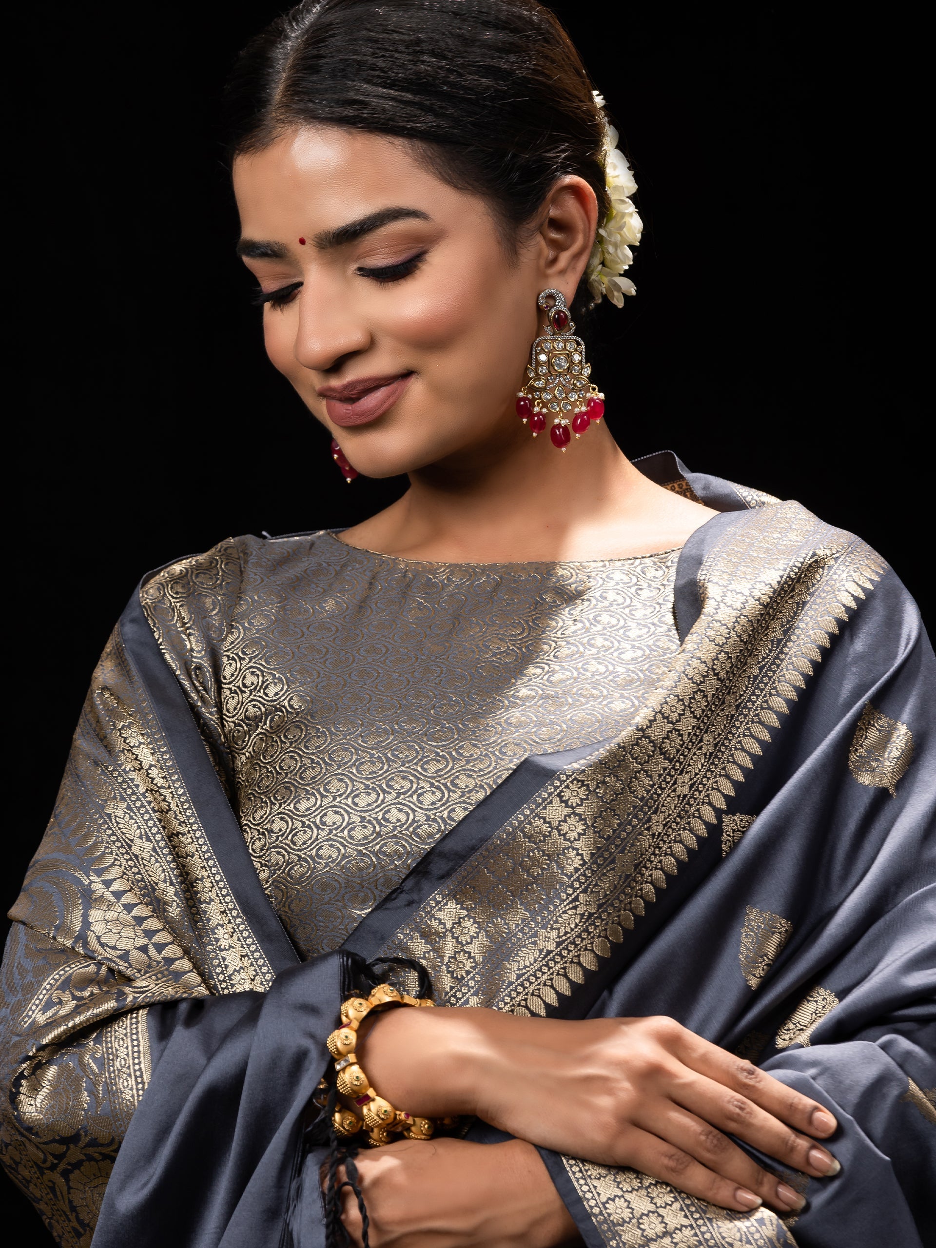 Grey Golden Leaf Muga Silk Saree with Blouse Fabric