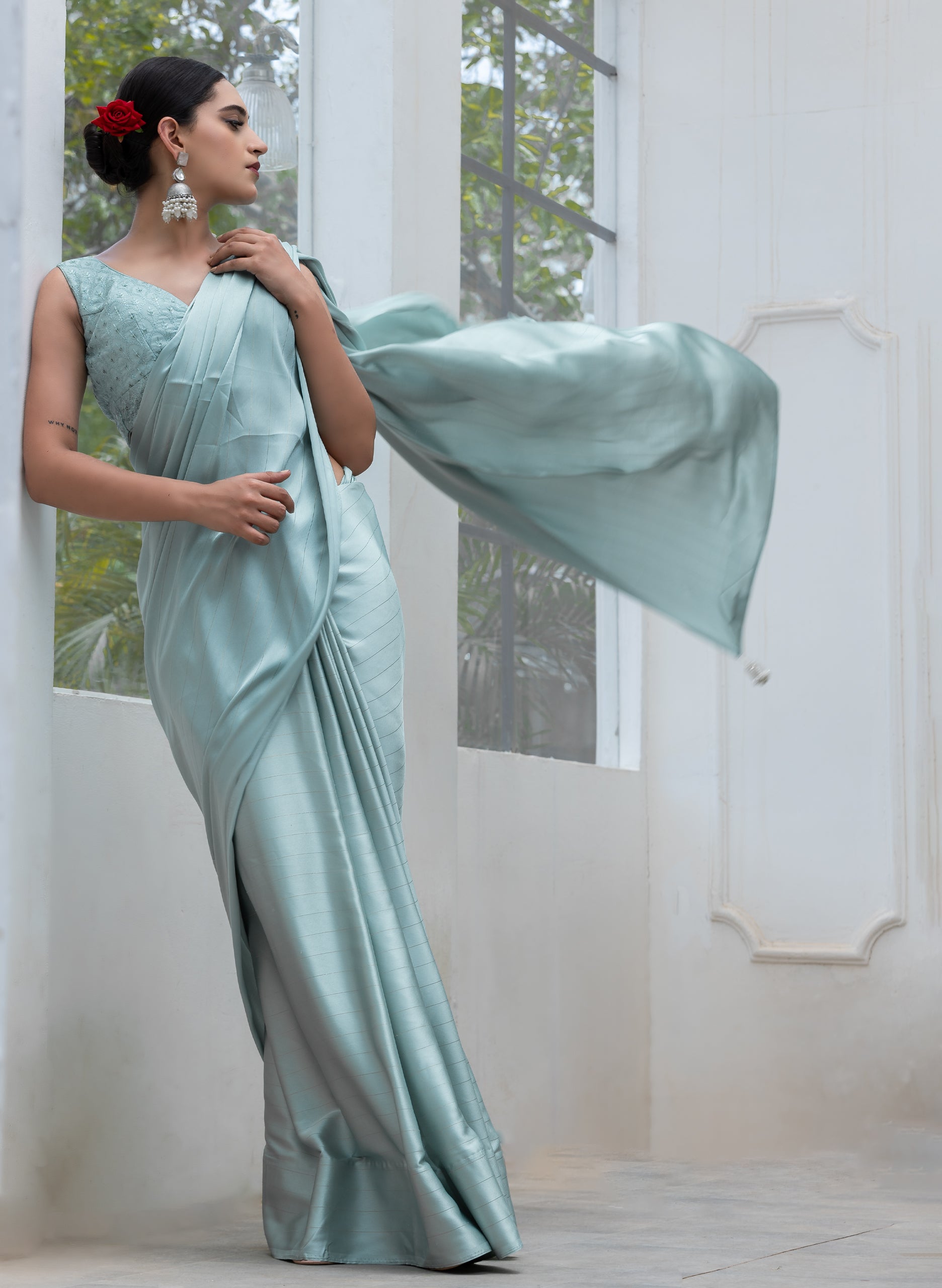 Sea Crystal Mint Green Satin Stripe Saree with Embroidered Blouse Fabric