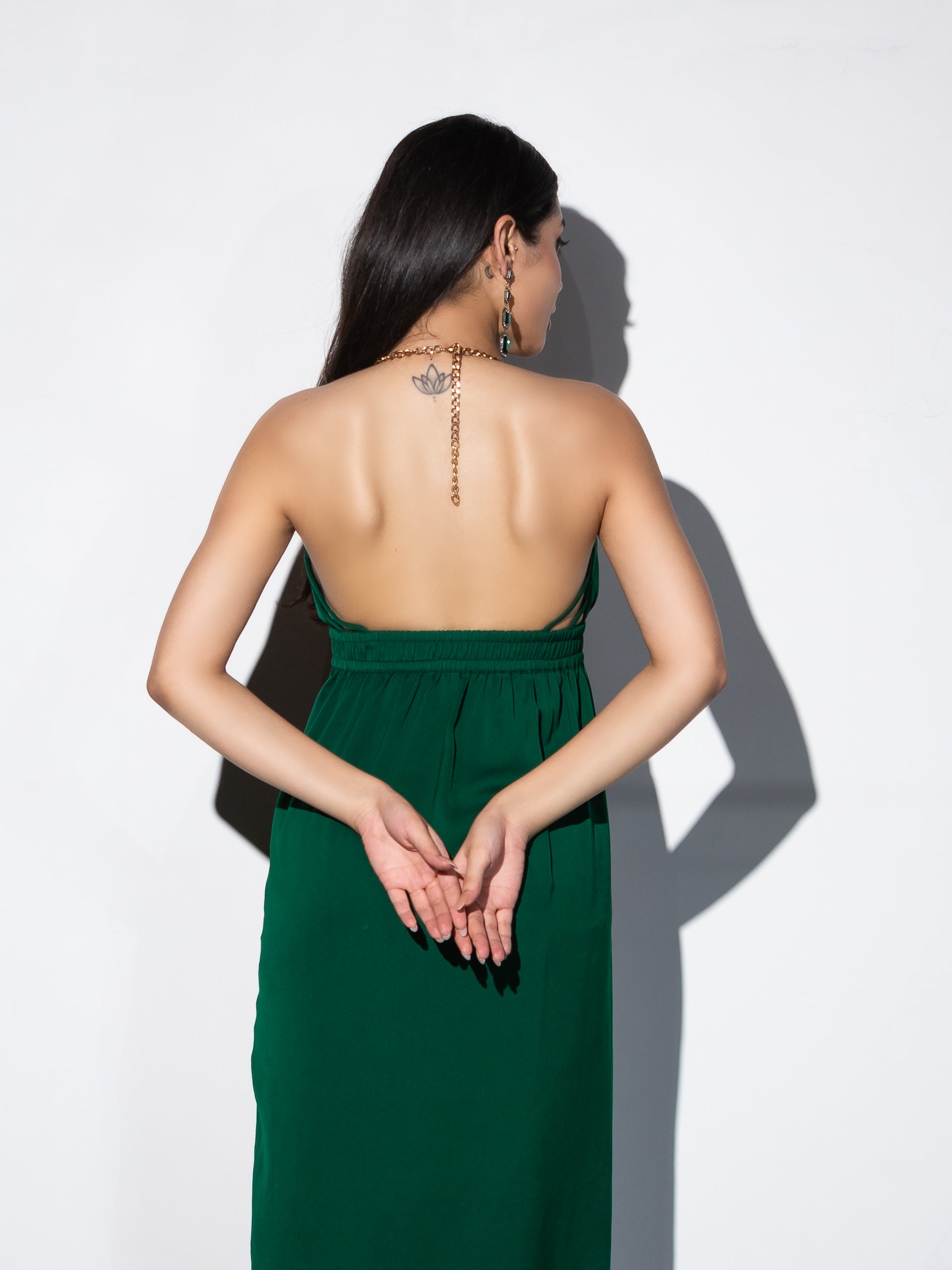 Women's Metal Strap Korean Emerald Dress Set with Satin Organza Cape 2 Piece Set | A-Line, V Neck, Sleeveless, Partywear, (Satin Organza)