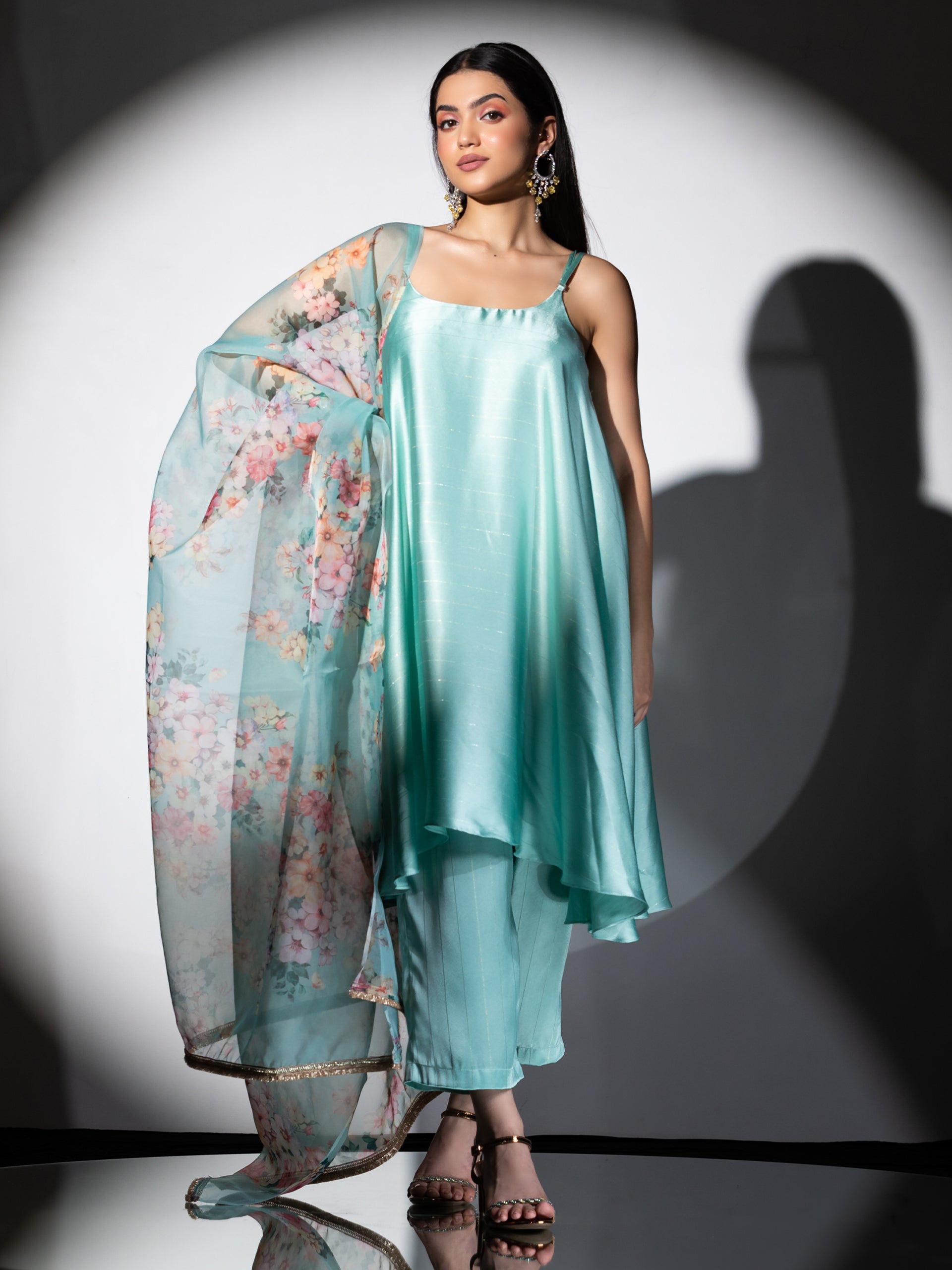 Women's Mint Stripe Satin Dress Set with Pants and Organza Printed Dupatta with Lace 3 Piece Set | Straight Fit, Round Neck, Sleeveless, Pants, Partywear, (Satin Organza)