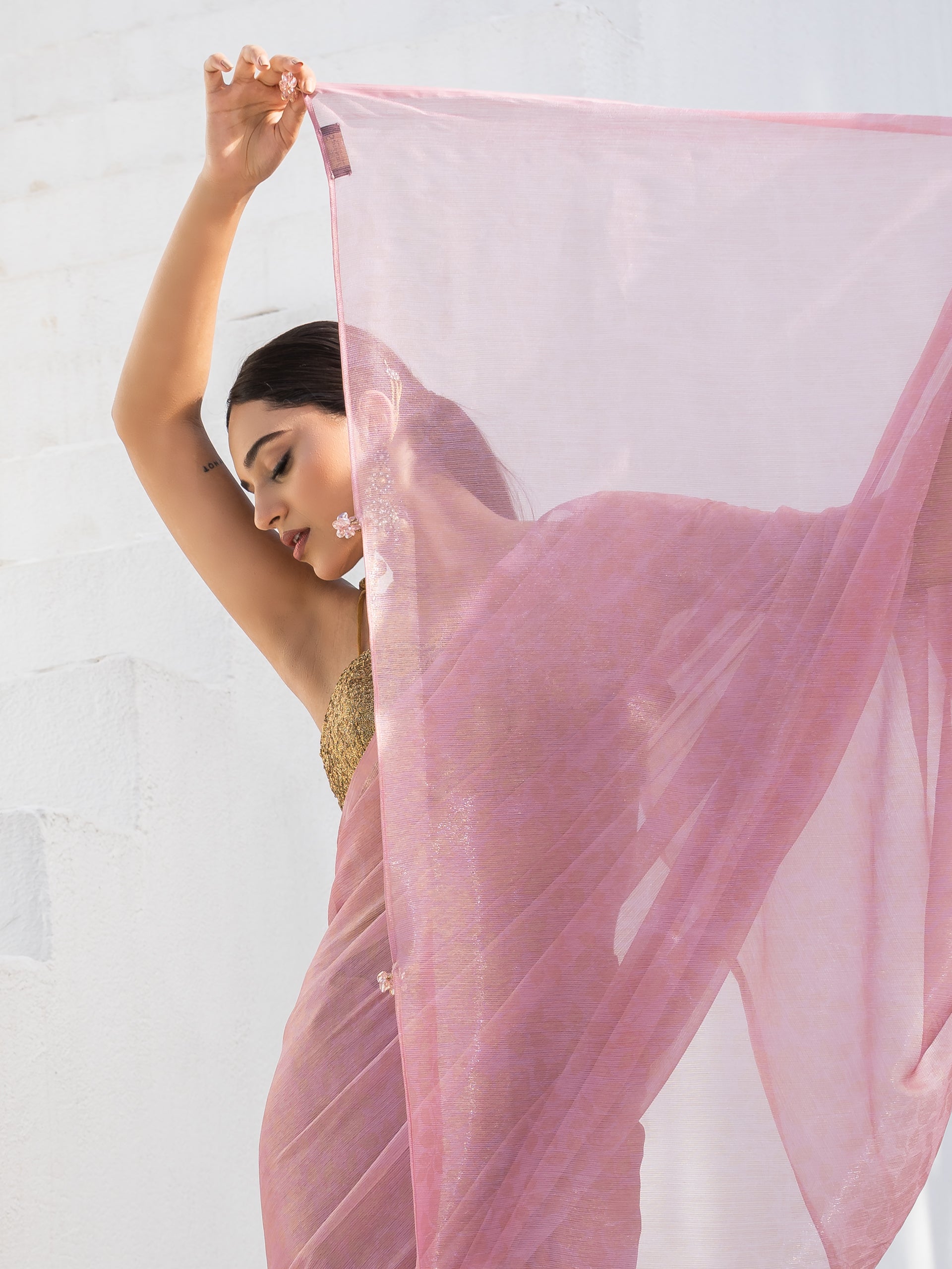 Pink with golden floral printed chiffon saree with pendants — view 4
