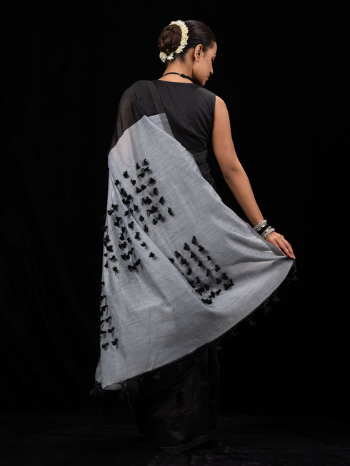 Pom pom cotton Black-Grey Saree