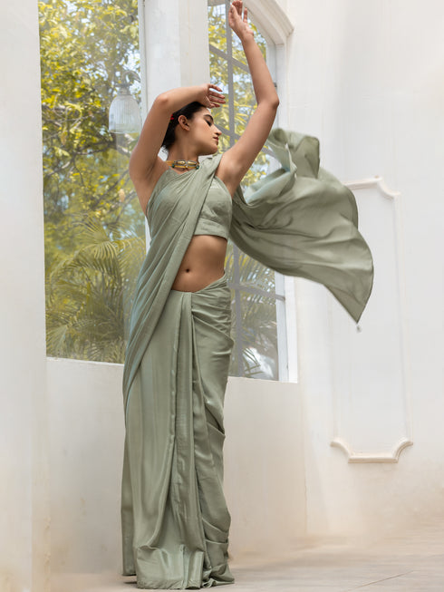 Sage Crepe Saree with Silver pendants and Blouse Fabric