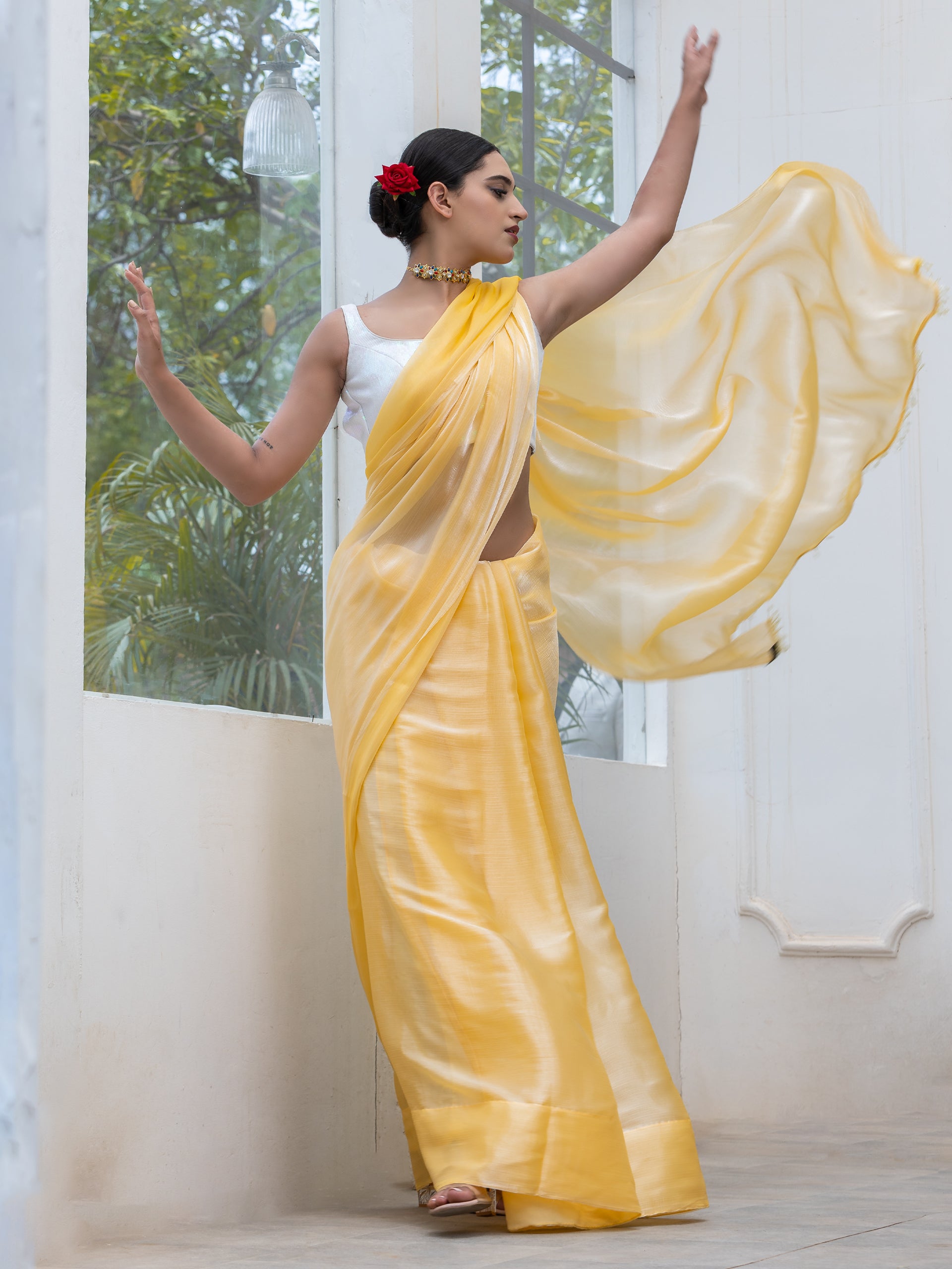 Lemon Fizz Chiffon Organza Saree with Lace and Blouse fabric