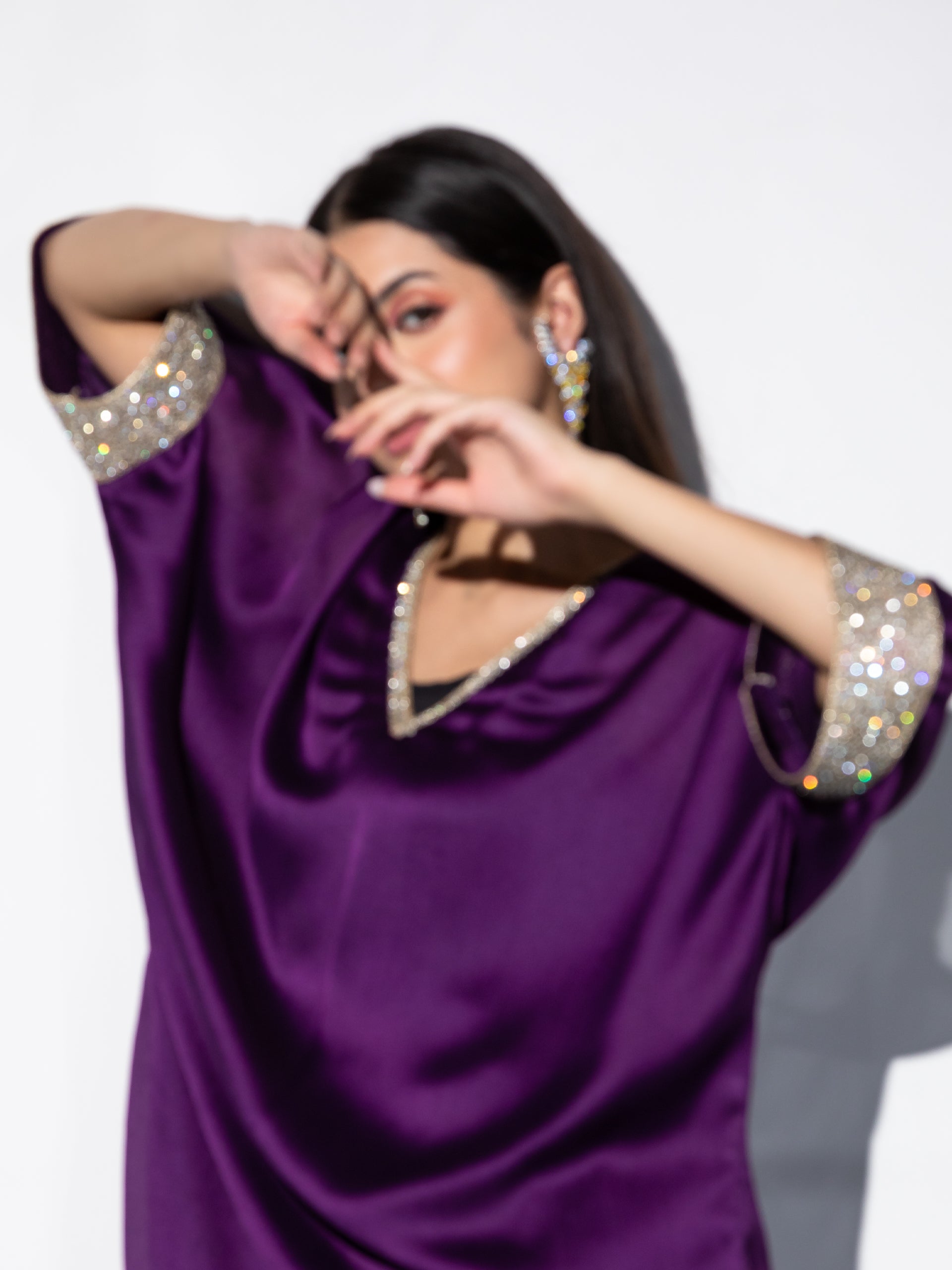 Women's Amethyst Purple Diamond Studded Top Set with Dhoti Pants 2 Piece Set | Straight Fit, V Neck, 3/4 Sleeves, Dhoti Pants, Partywear, (Satin)