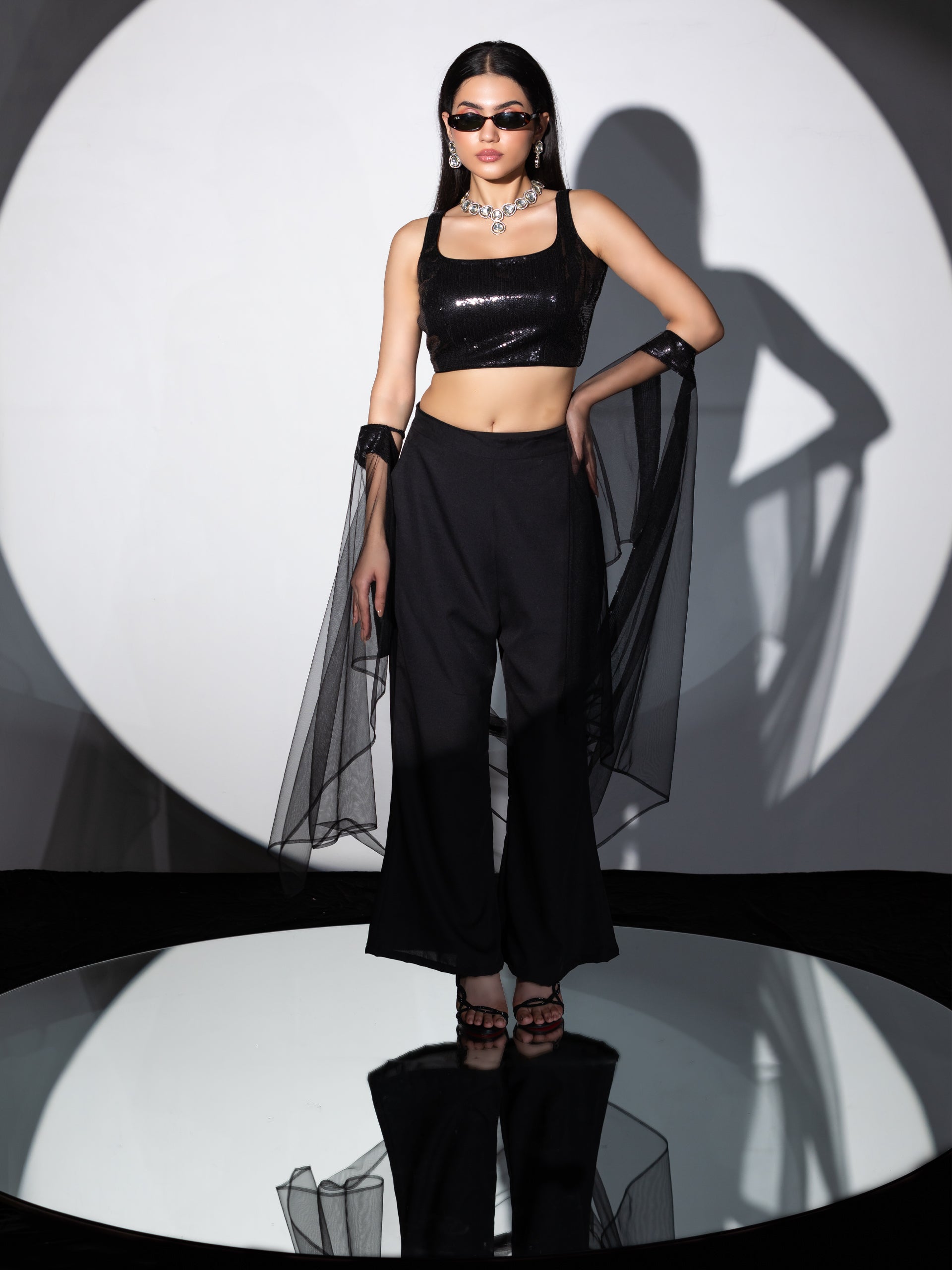 Women's Shawa-Shawa Outfit with Sequin Blouse, Flared Pant, and Net Sequin Dupatta 3 Piece Set | Straight Fit, Round Neck, Sleeveless, Pants, Partywear, (Sequin)