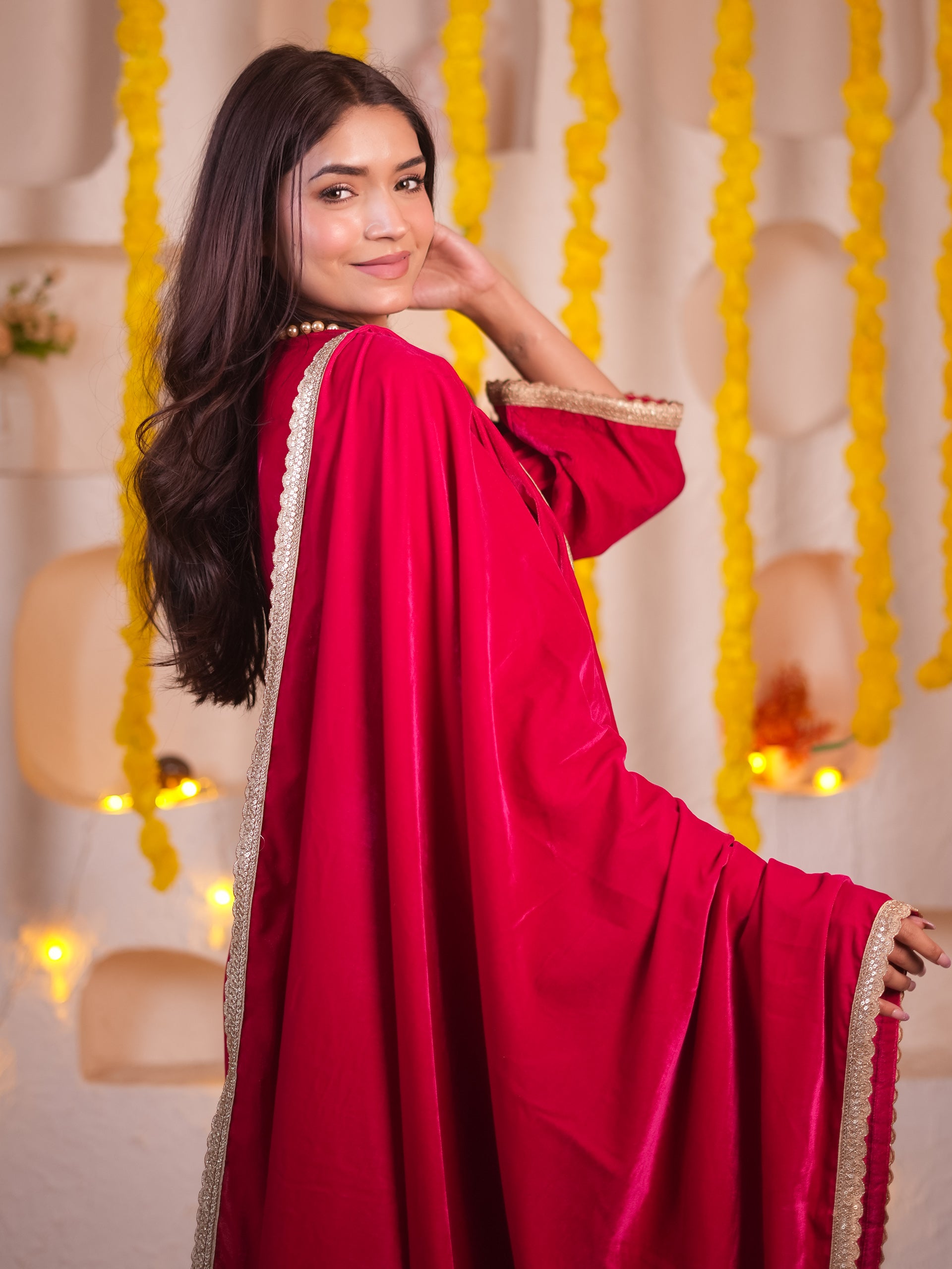 Women's Pink Velvet Kurta with Pants and Lace Dupatta 3 Piece Set | Straight Fit, V Neck, Full Sleeves, Pants, Festive Wear, (Velvet)