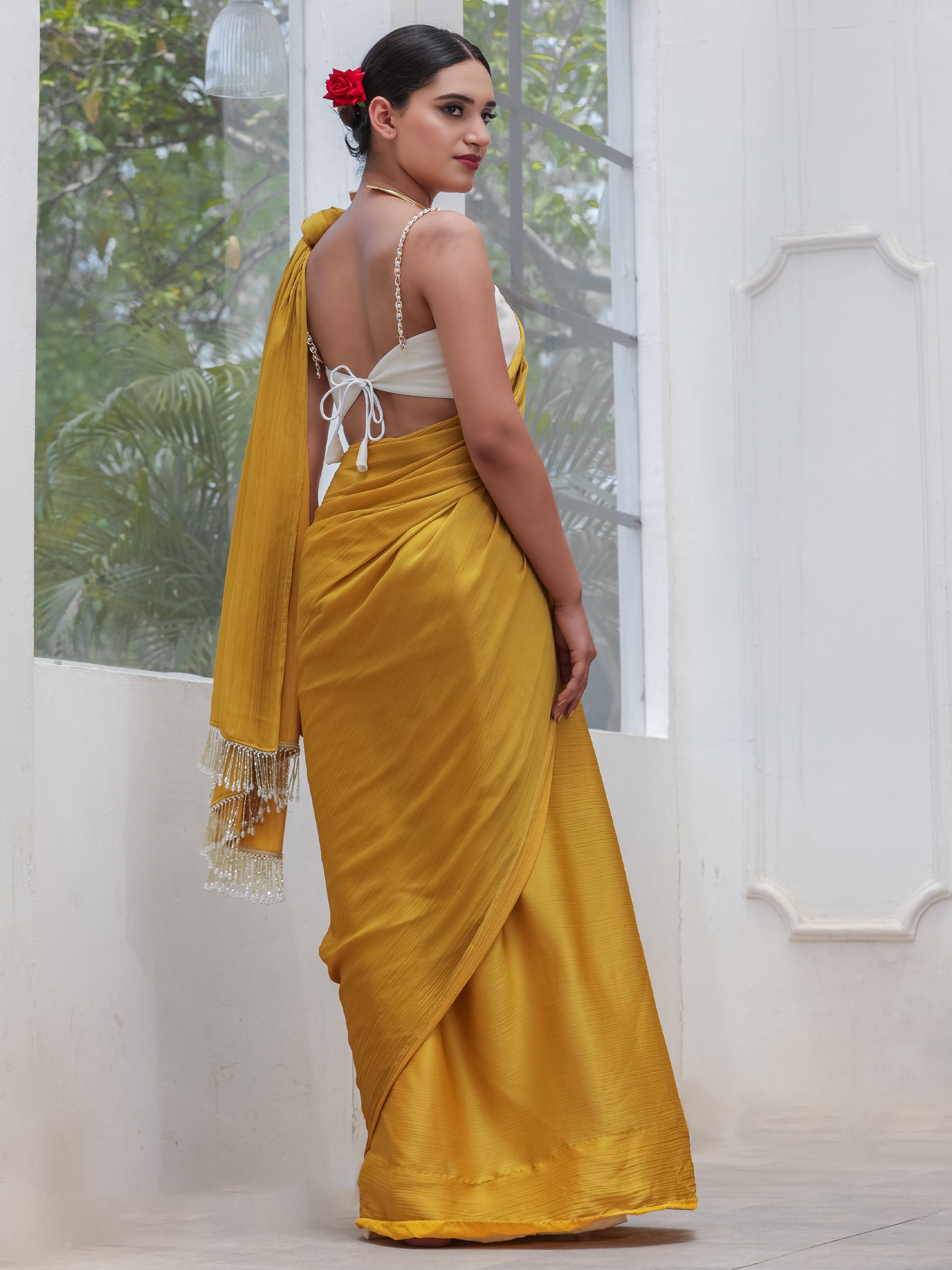 Canary mustard pure chiffon dual shade saree with blouse fabric — view 4