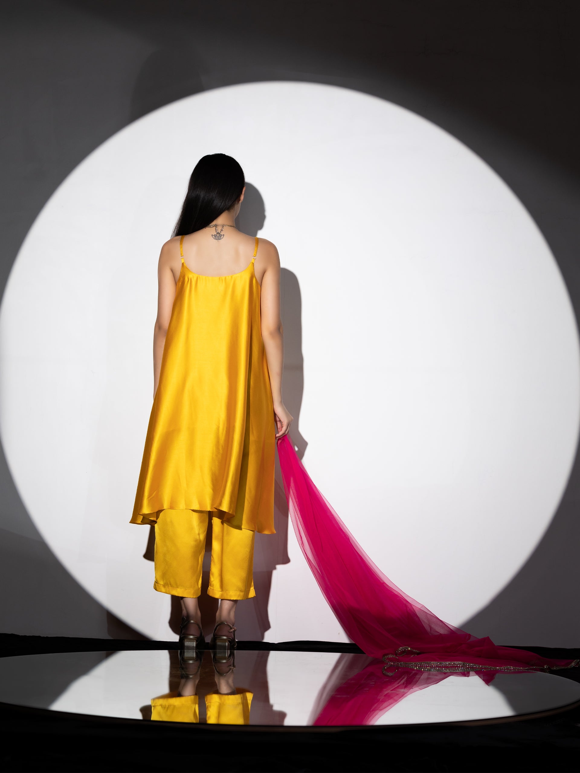 Women's Yellow Satin Dress with Pants and Net Dupatta with Lace 3 Piece Set | A-Line, Round Neck, Sleeveless, Pants, Partywear, (Satin)