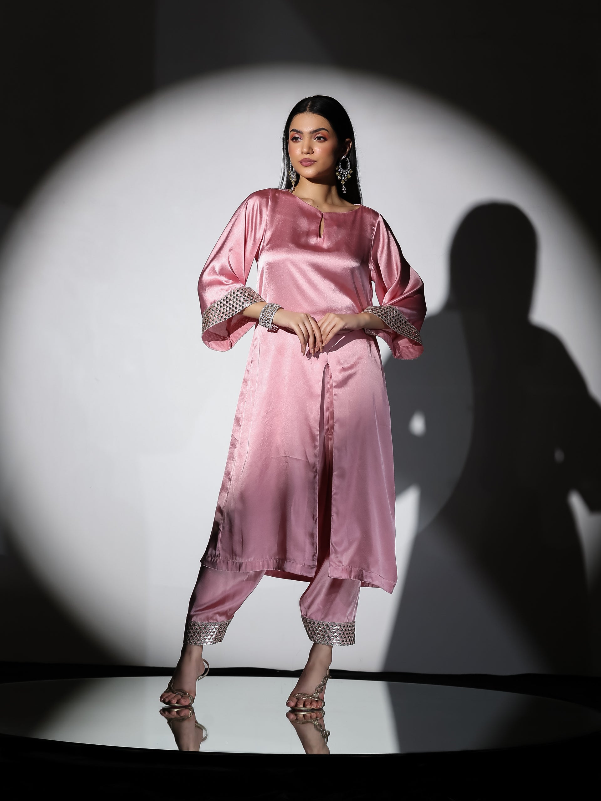 Women's Vision in Pink Satin Set with Gold Triangle on Sleeves and Easy Pants 2 Piece Set | Straight Fit, Round Neck, 3/4 Sleeves, Pants, Festive Wear, (Satin)