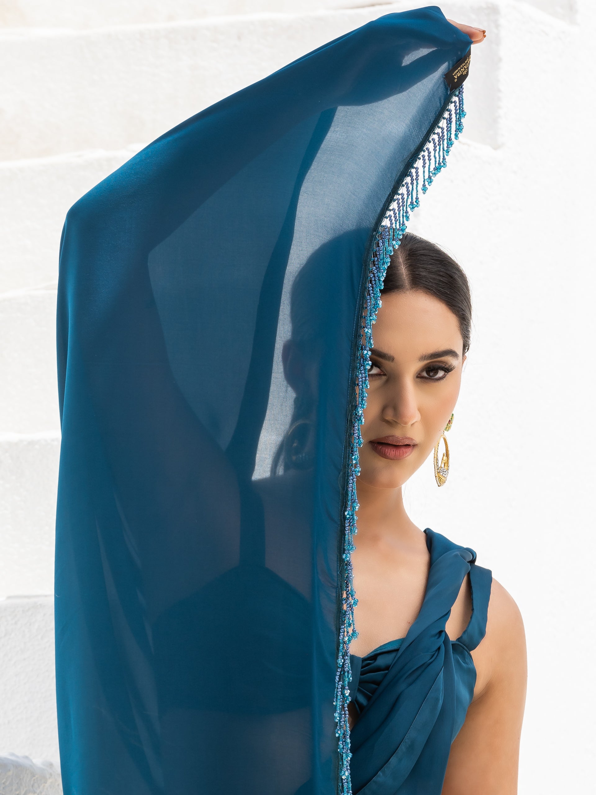 Classic Lethal Blue Satin Saree with Beaded lace & Blouse Fabric