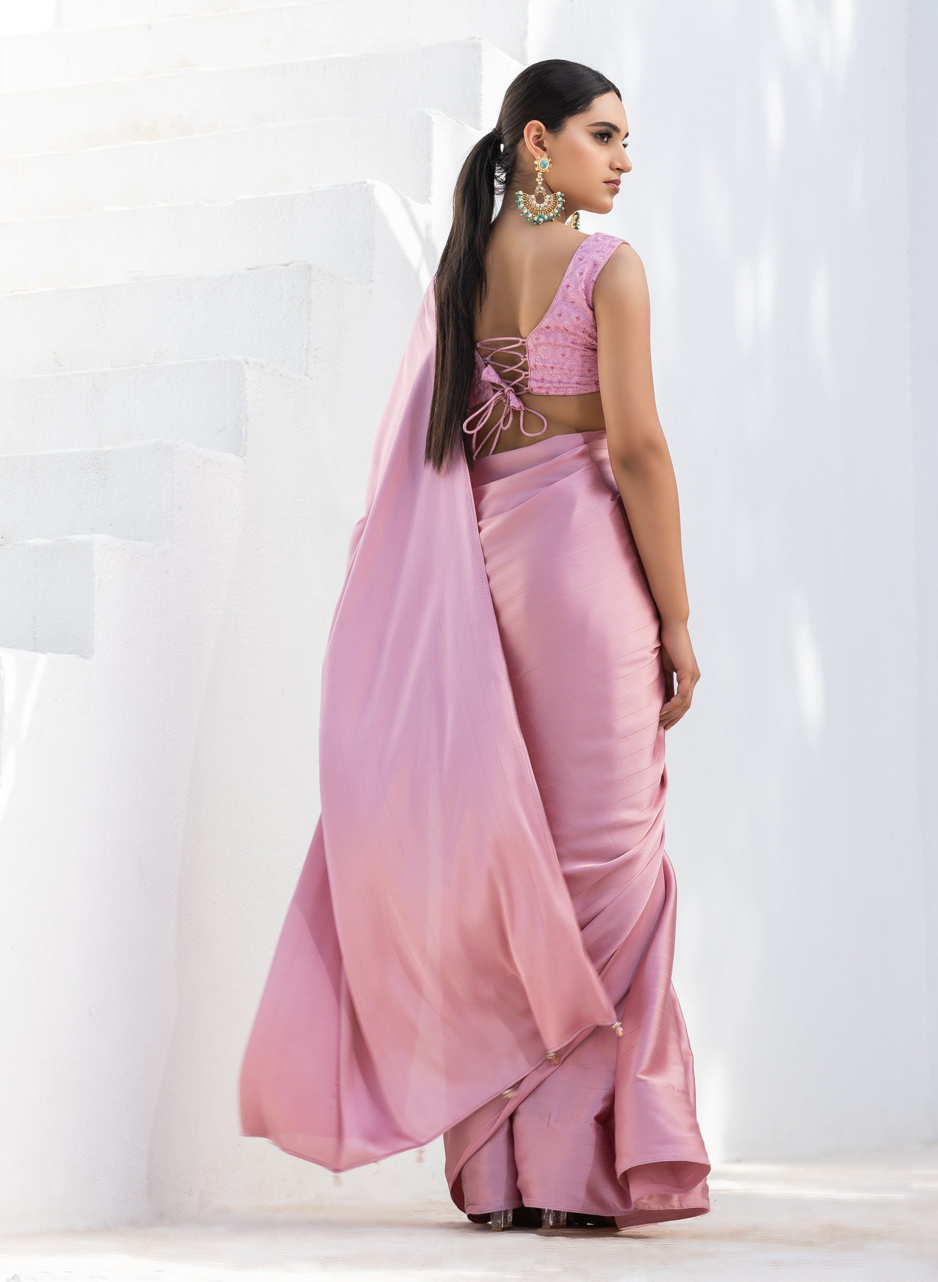 Cherry Blossom Pink Stripe Satin Saree with Embroidery Blouse fabric