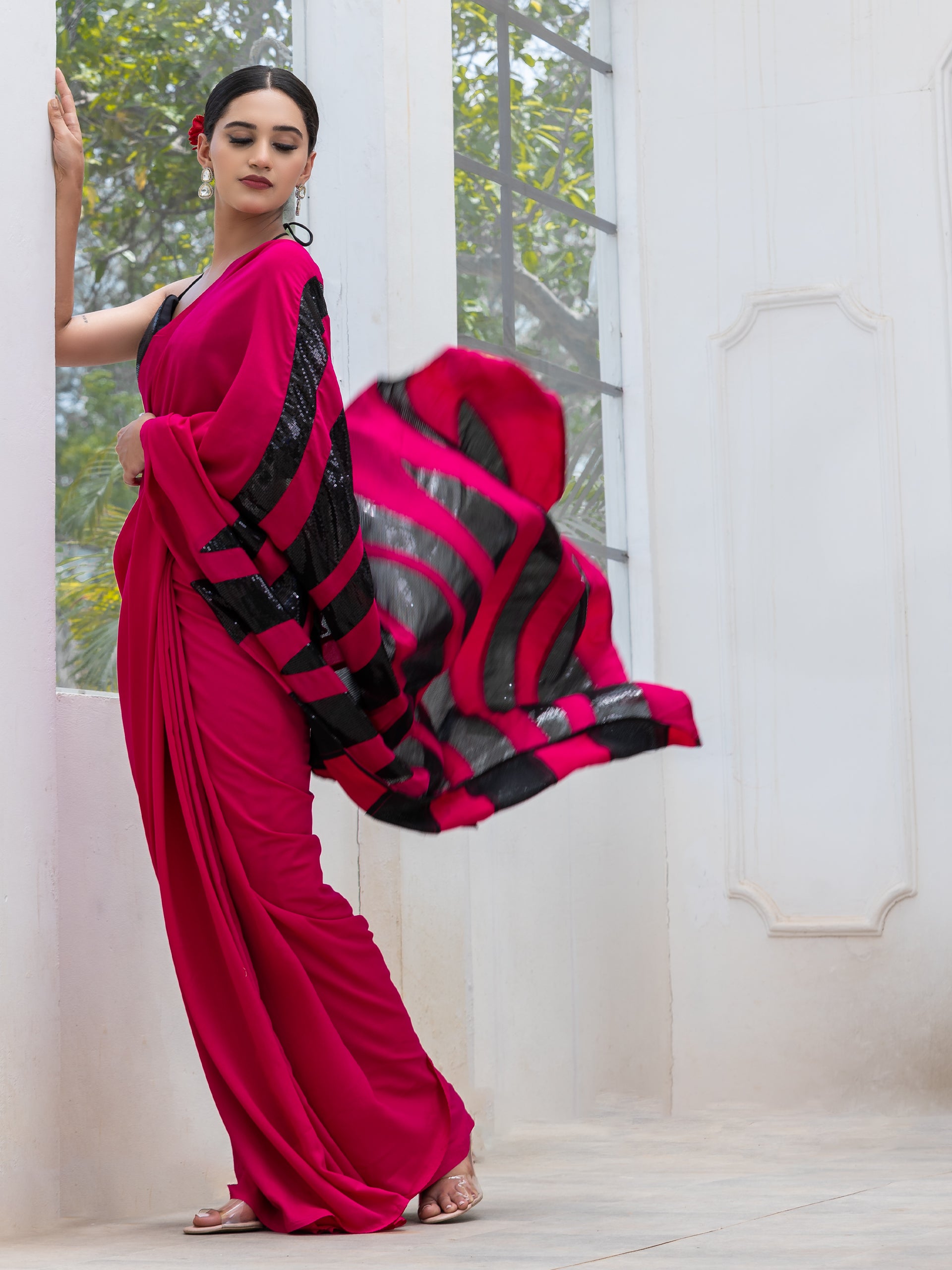 Raw Pink Power Saree with Zebra Sequins