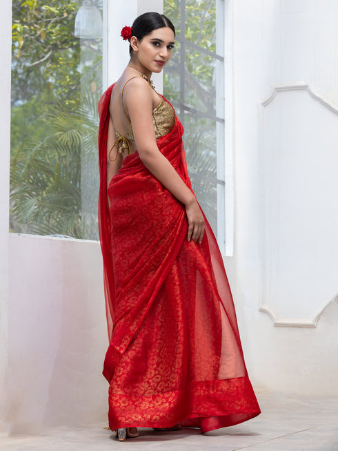 Passion Red and Gold Floral Print Chiffon Saree with Pendants