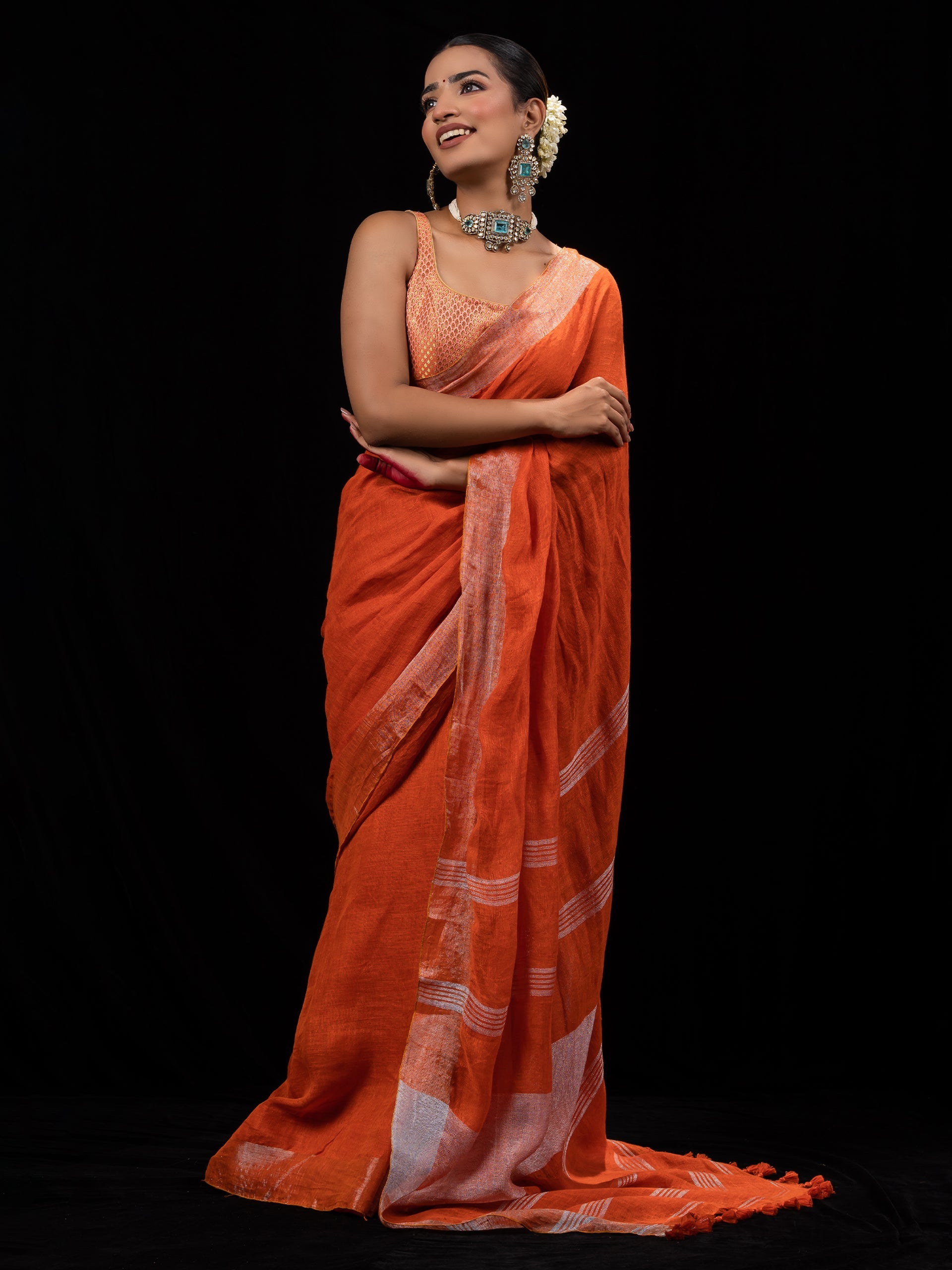 Tangerine Pure Linen saree