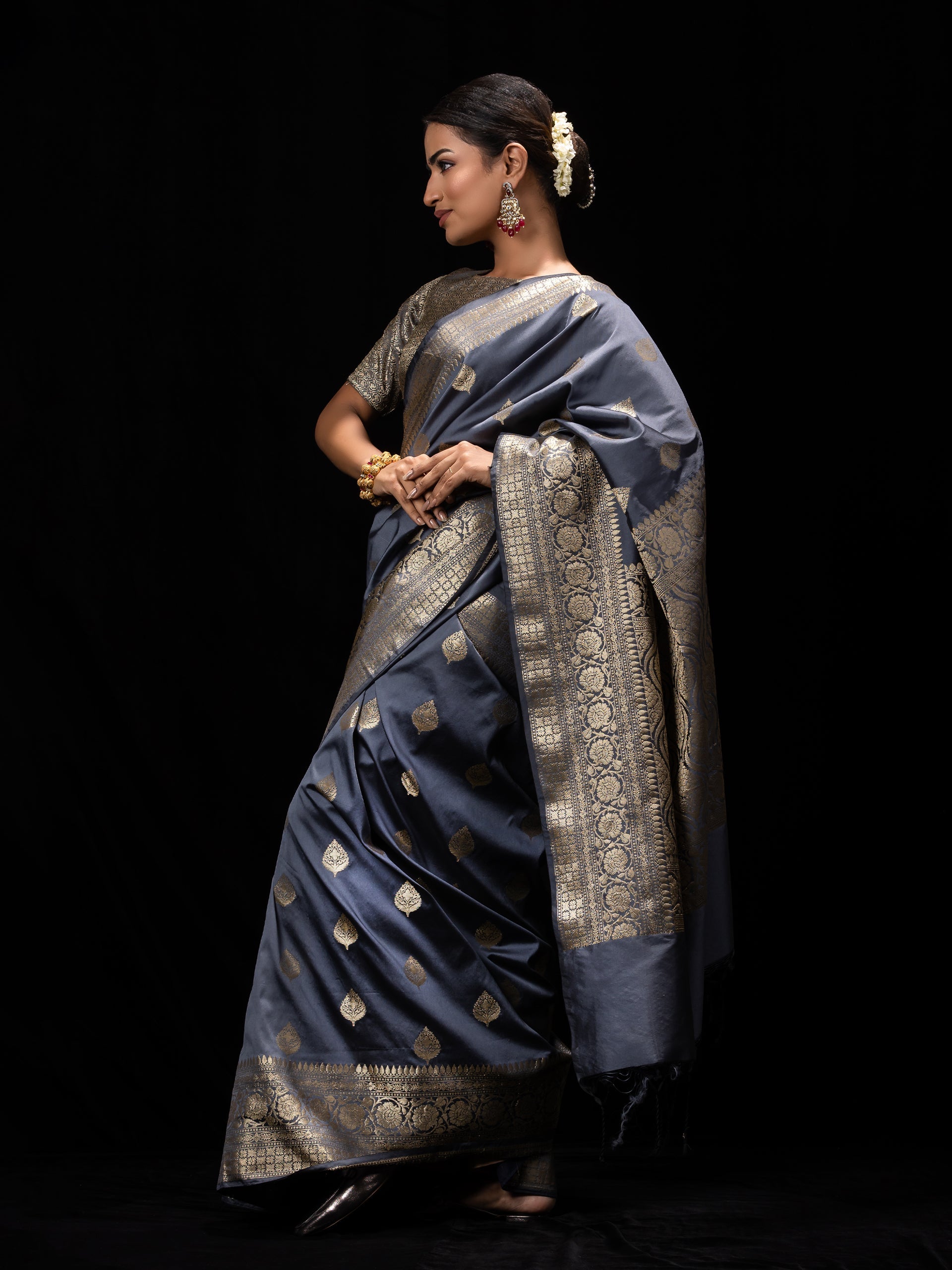 Grey Golden Leaf Muga Silk Saree with Blouse Fabric