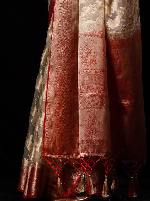 Red and Beige Organza Saree with blouse fabric