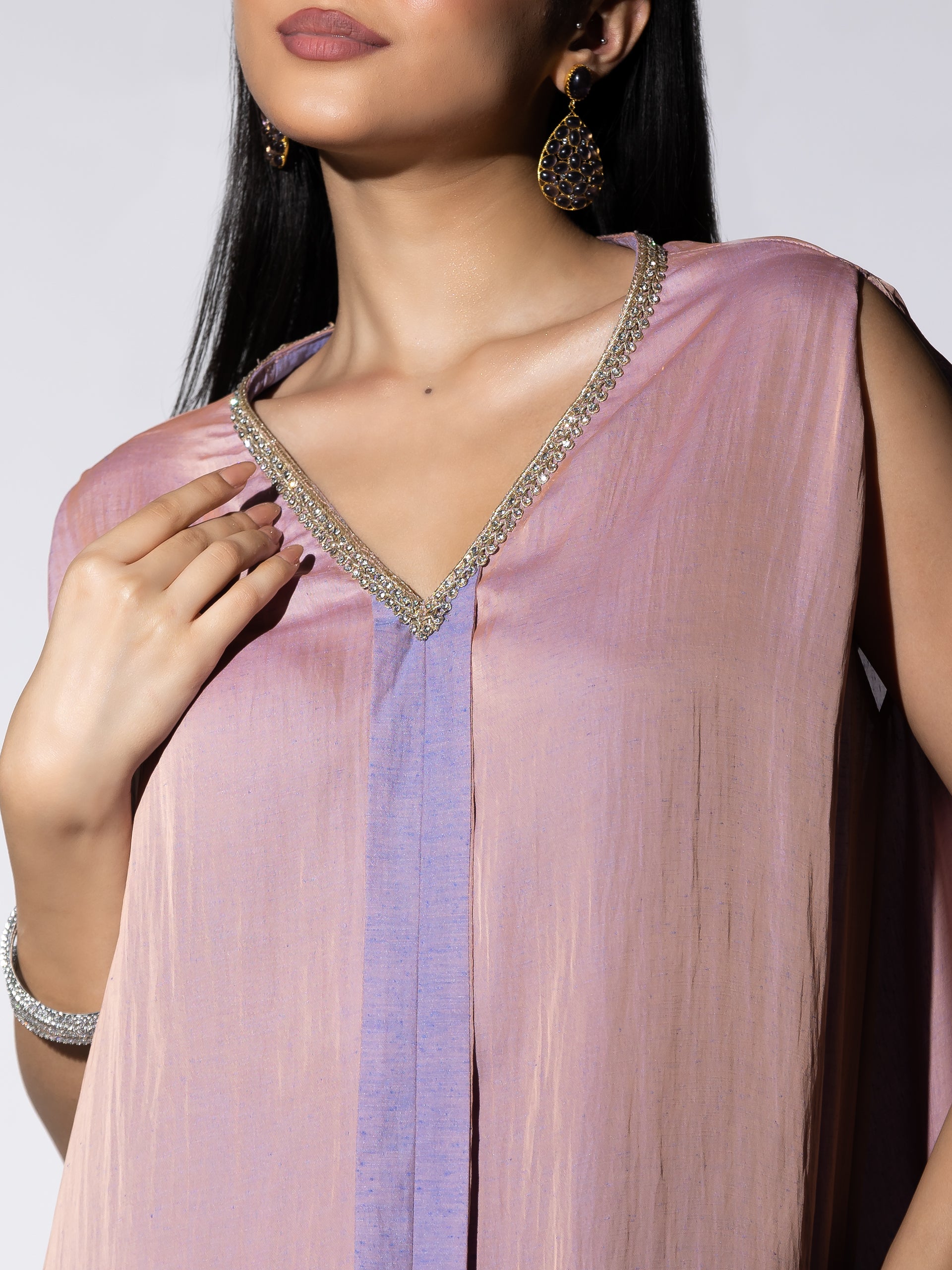 Women's Peach & Lavender Slub Satin Flared Top Set with Poncha Pants 2 Piece Set | A-Line, Round Neck, Sleeveless, Pants, Festive Wear, (Slub Satin)