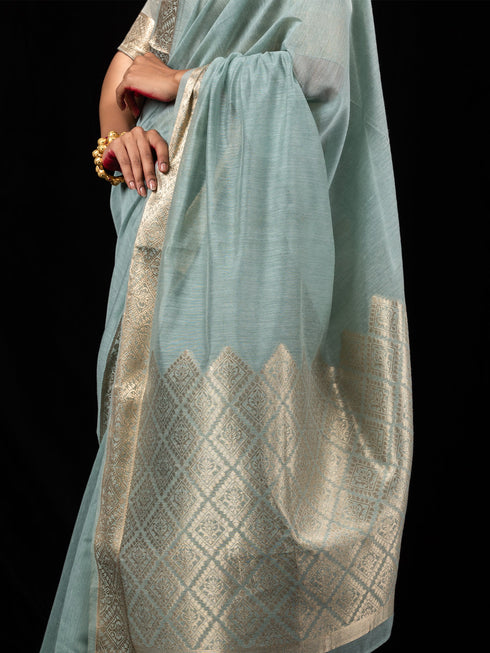 Stunning Aqua Gold Rich Pallu Soft Saree With Blouse Fabric