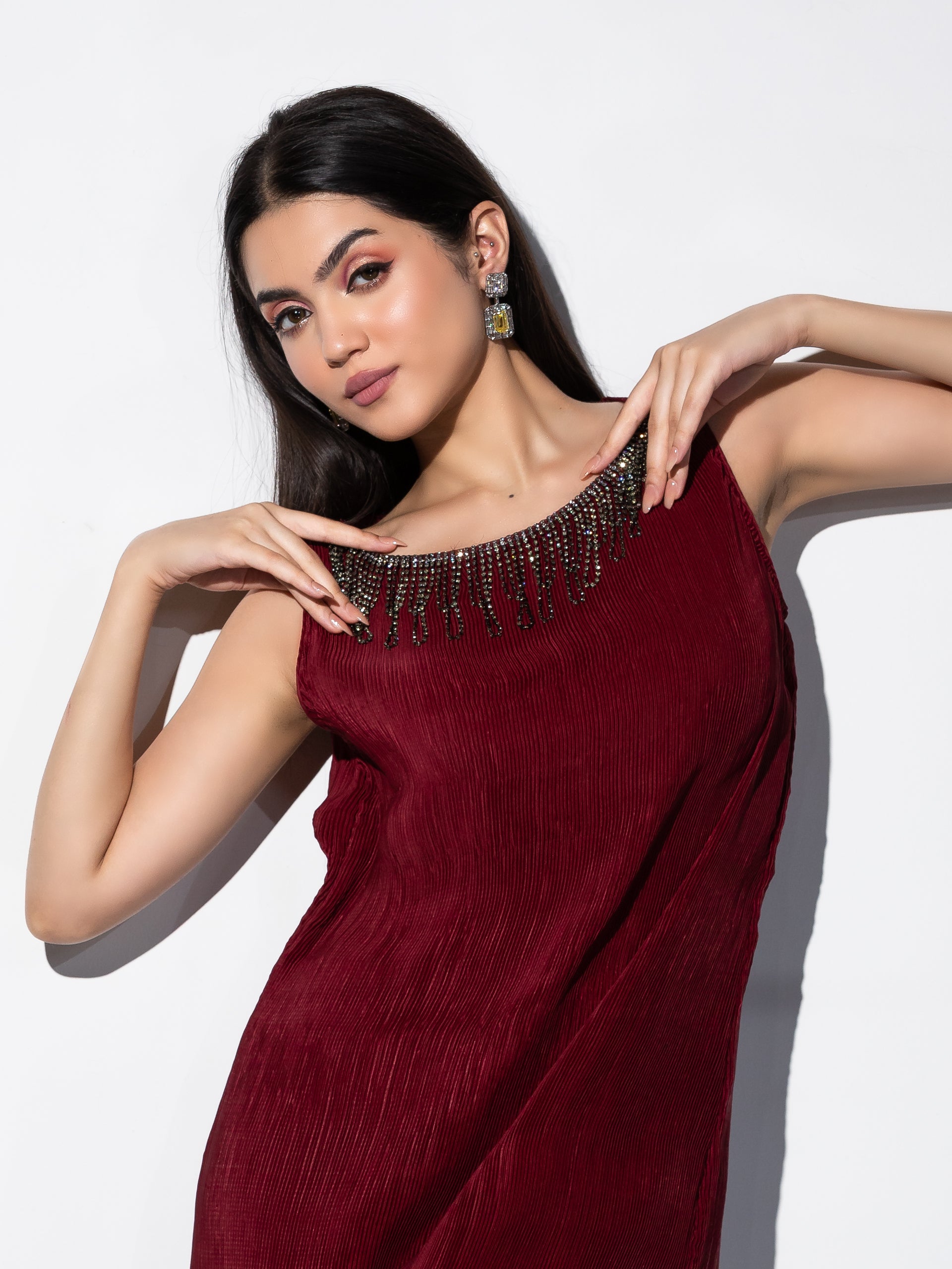 Women's Sangria Pleated Top with Hanging Crystals Set with Pants 2 Piece Set | Straight Fit, Round Neck, Sleeveless, Pants, Festive Wear, (Satin)