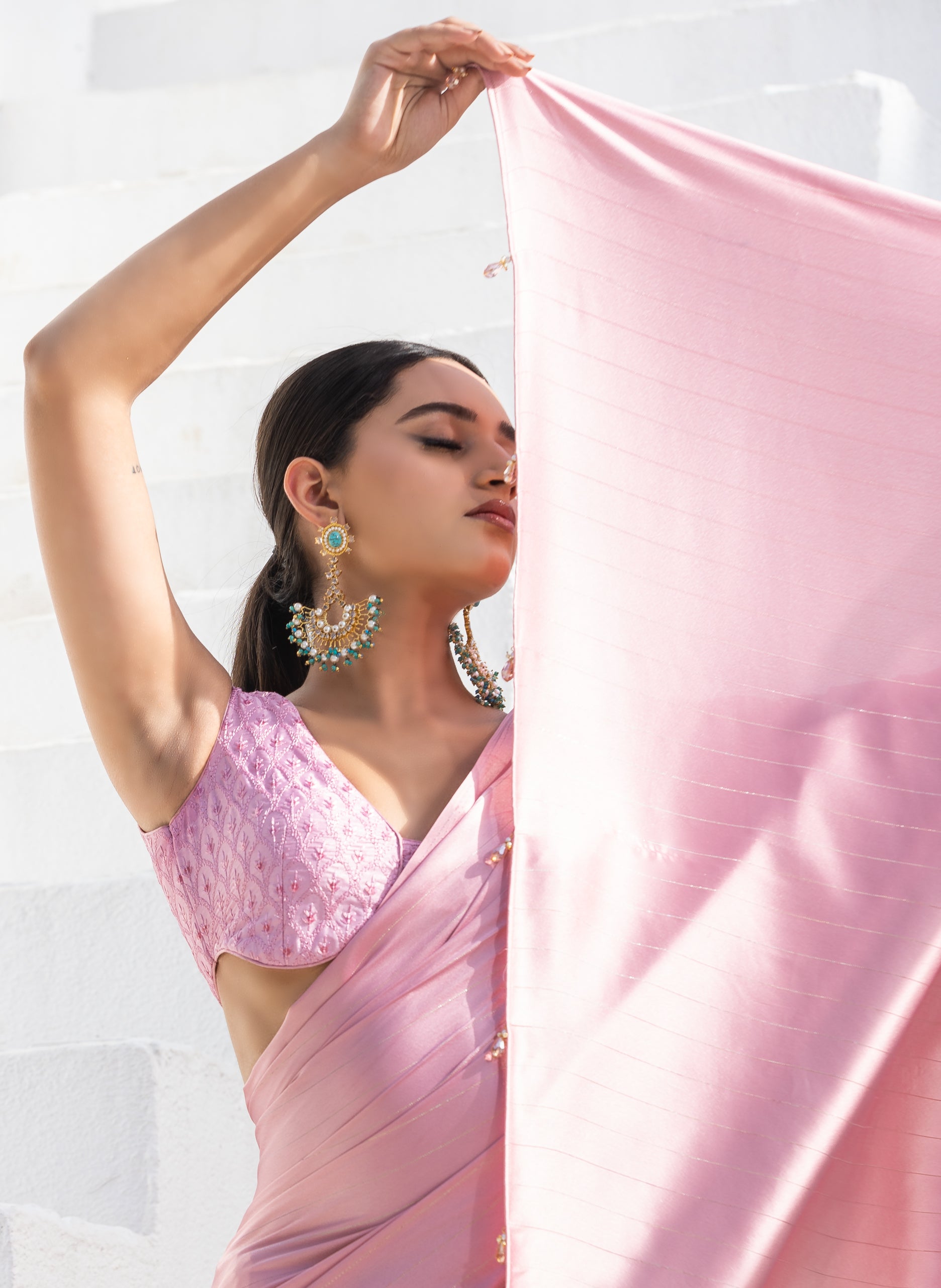 Cherry Blossom Pink Stripe Satin Saree with Embroidery Blouse fabric