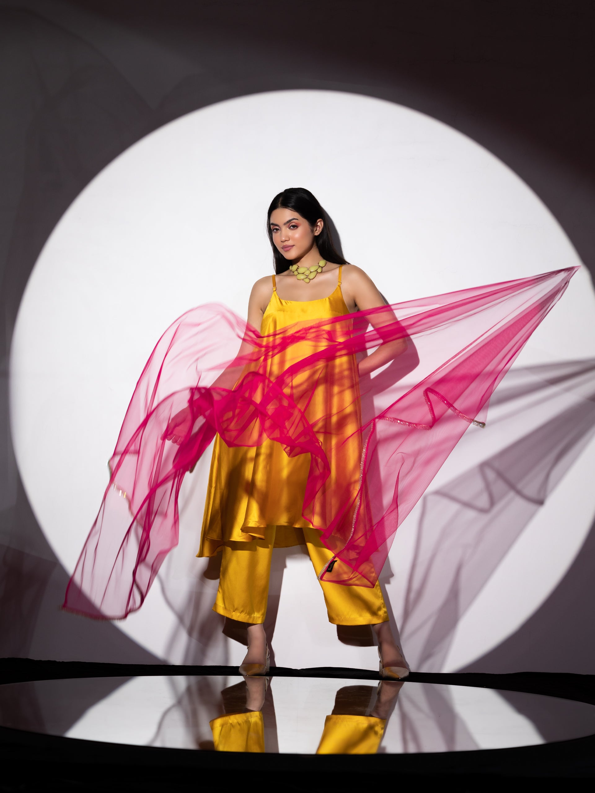 Women's Yellow Satin Dress with Pants and Net Dupatta with Lace 3 Piece Set | A-Line, Round Neck, Sleeveless, Pants, Partywear, (Satin)