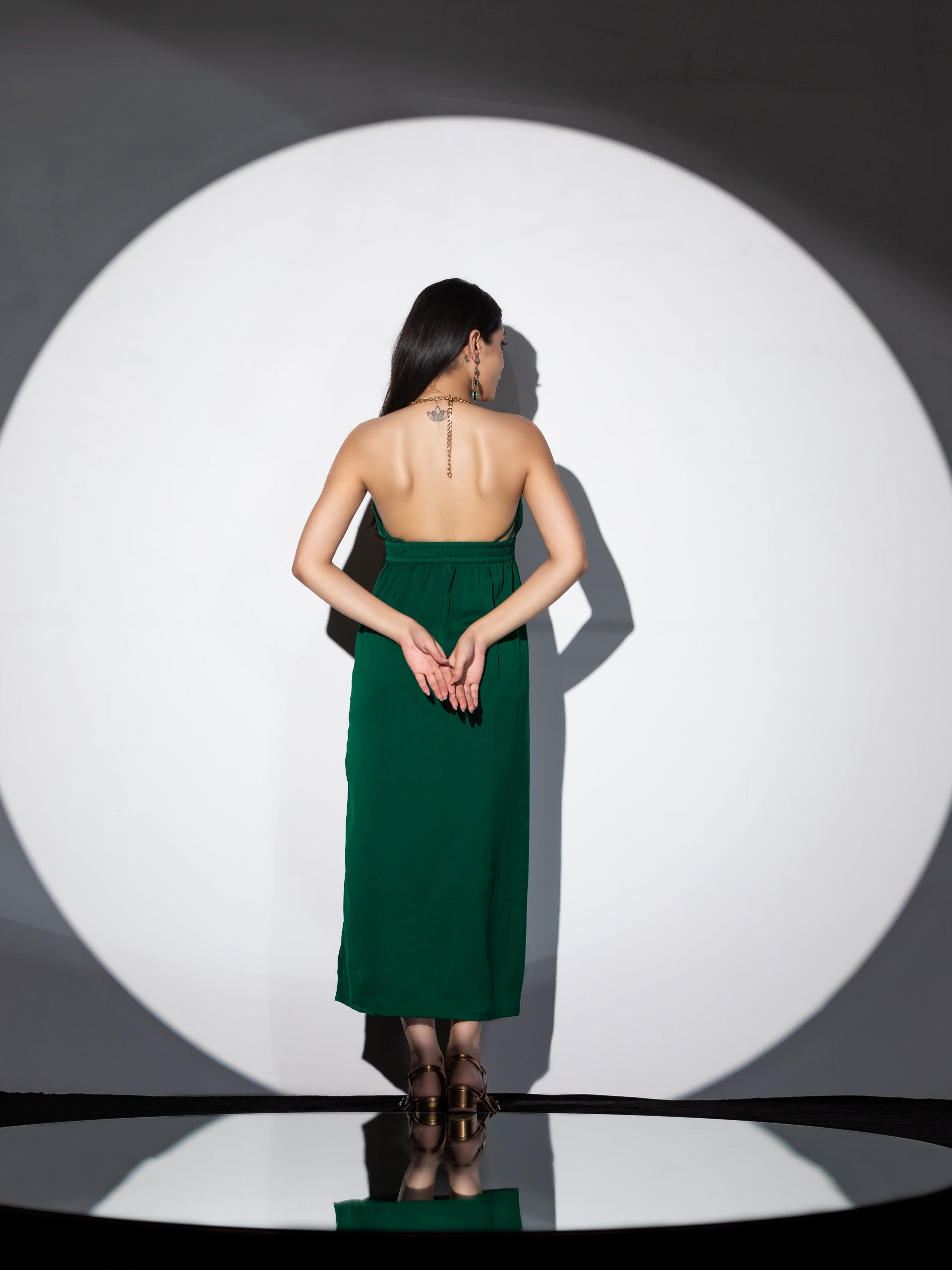 Women's Metal Strap Korean Emerald Dress Set with Satin Organza Cape 2 Piece Set | A-Line, V Neck, Sleeveless, Partywear, (Satin Organza)