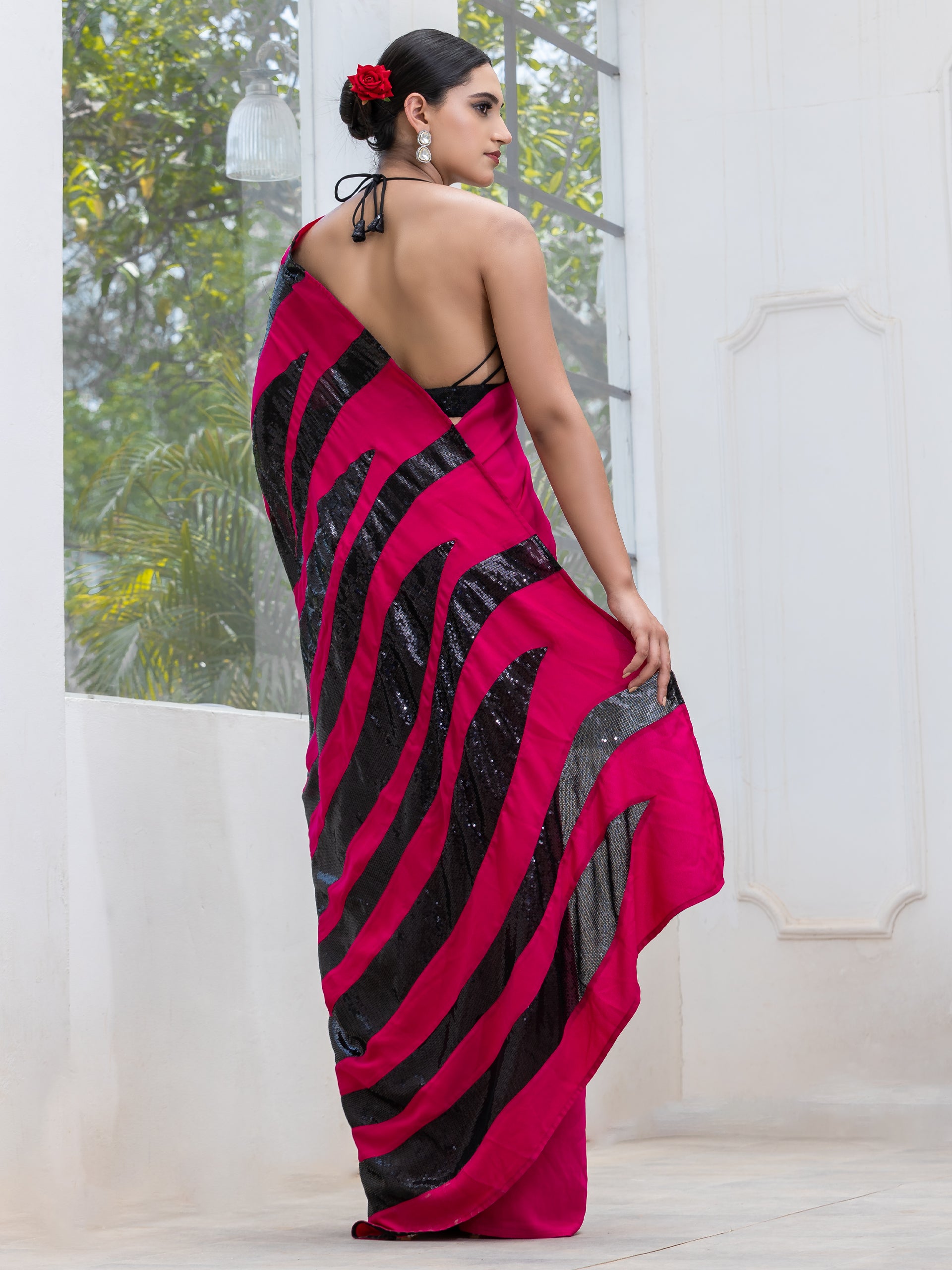 Raw Pink Power Saree with Zebra Sequins