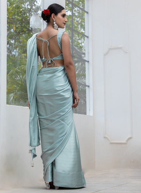 Sea Crystal Mint Green Satin Stripe Saree with Embroidered Blouse Fabric