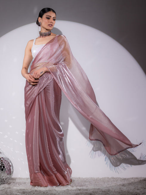 SET | Rosy Cloud Organza Satin Saree with Iridescent Sequin Square Neck Blouse - 2 Piece