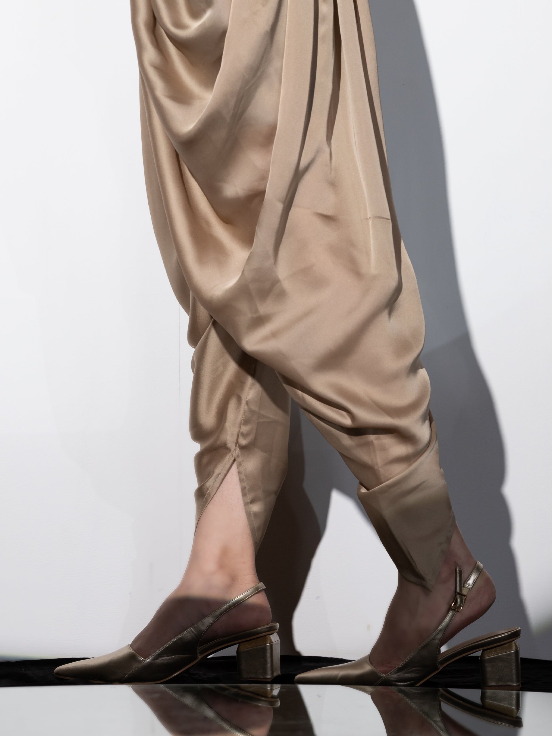 Women's Peanut Bronze Zardozi Shoulder Top Set with Dhoti Pants 2 Piece Set | Straight Fit, Round Neck, Full Sleeves, Dhoti Pants, Partywear, (Satin)